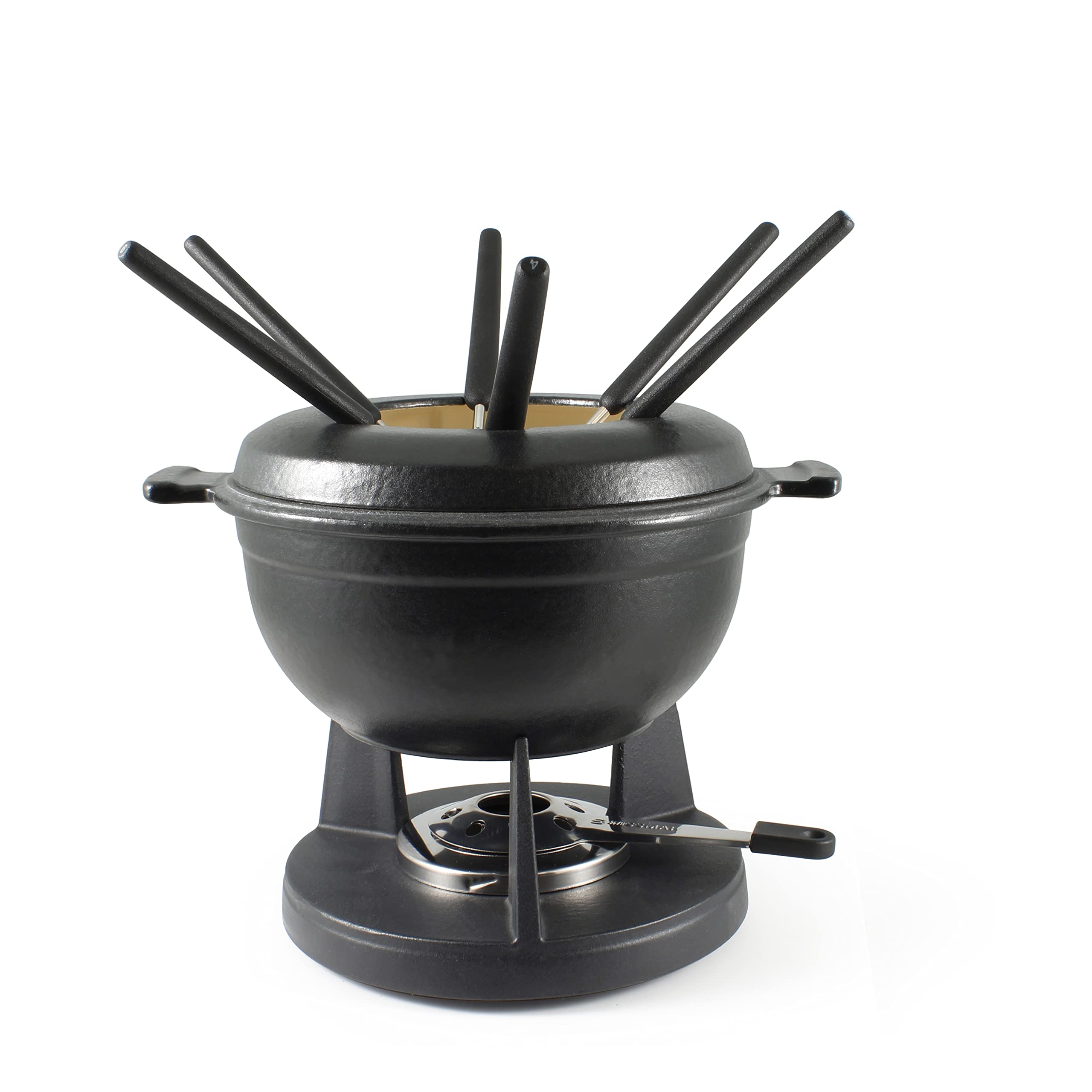 Premium Swissmar F66542 Lucerne 10-Piece Cast Iron Fondue Set in Matte Black - Perfect for Romantic Dinners, Family Gatherings & Holiday Entertaining