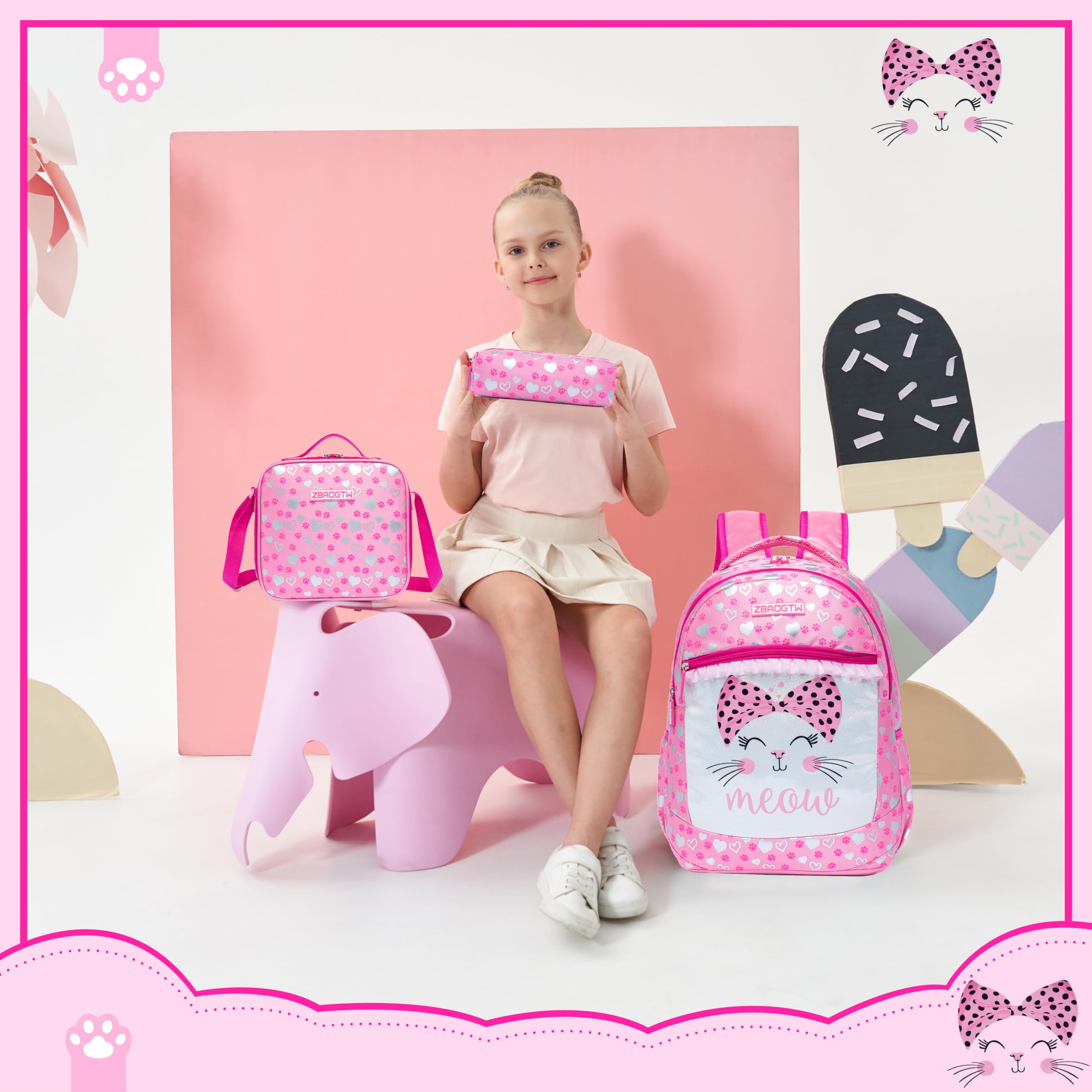 **Meetbelify Cute Cat Backpack for Girls - School Backpack with Lunch Box & Pencil Case, Elementary Student Bookbag for Kids Ages 6-8, Perfect for School, Travel & Daily Use**