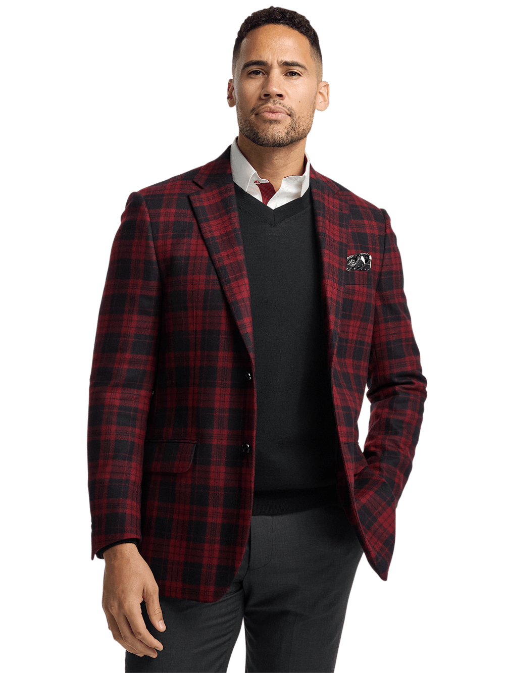 Men's Wool Plaid Single Breasted Notch Lapel Blazer Jacket - Black & Red Checkered Pattern | Business Casual, Office Wear, Wedding & Formal Events