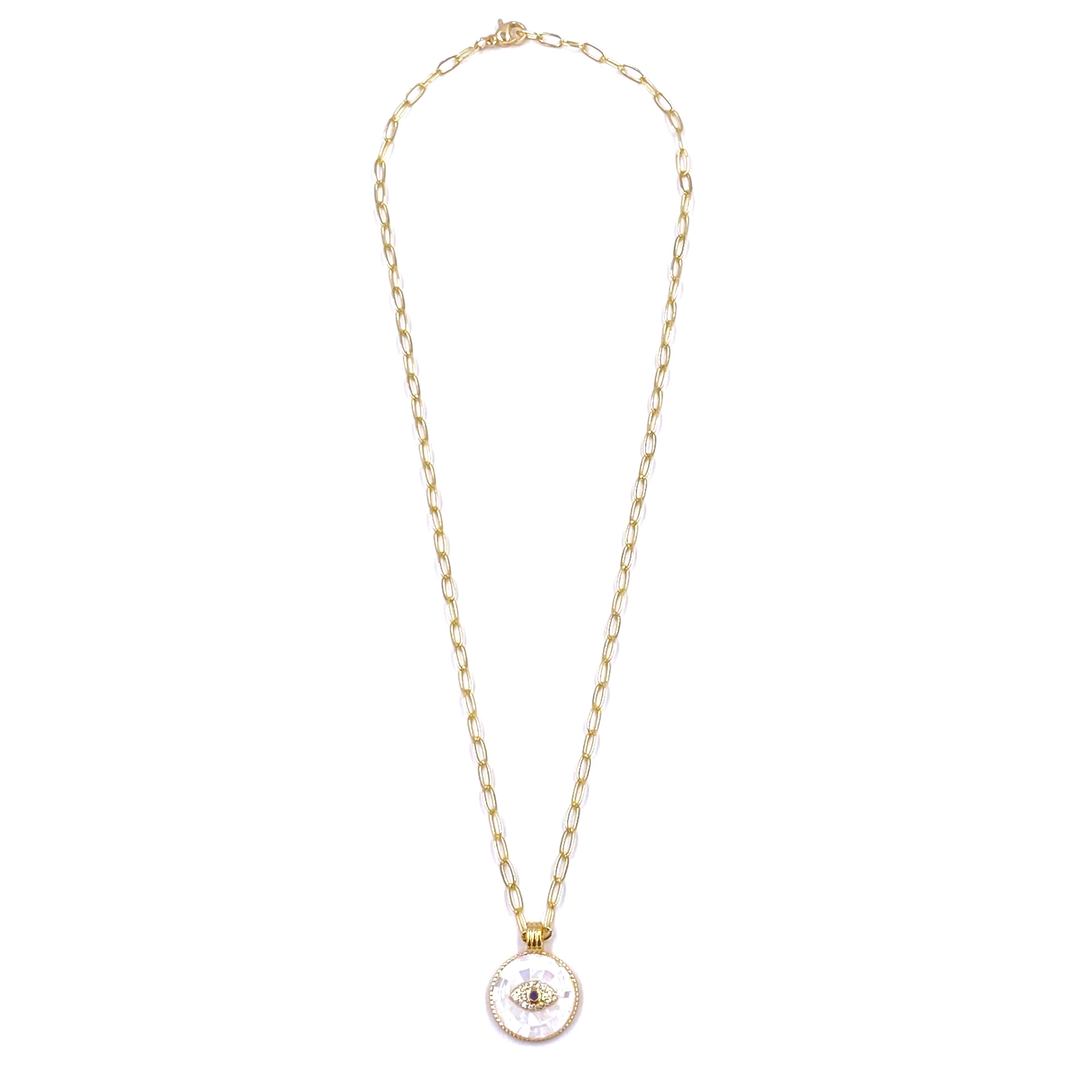 Ashley Gold Stainless Steel Evil Eye Necklace with White Opal Disc - 18K Gold Plated Protection Jewelry for Women, Perfect for Everyday Wear & Spiritual Gifts
