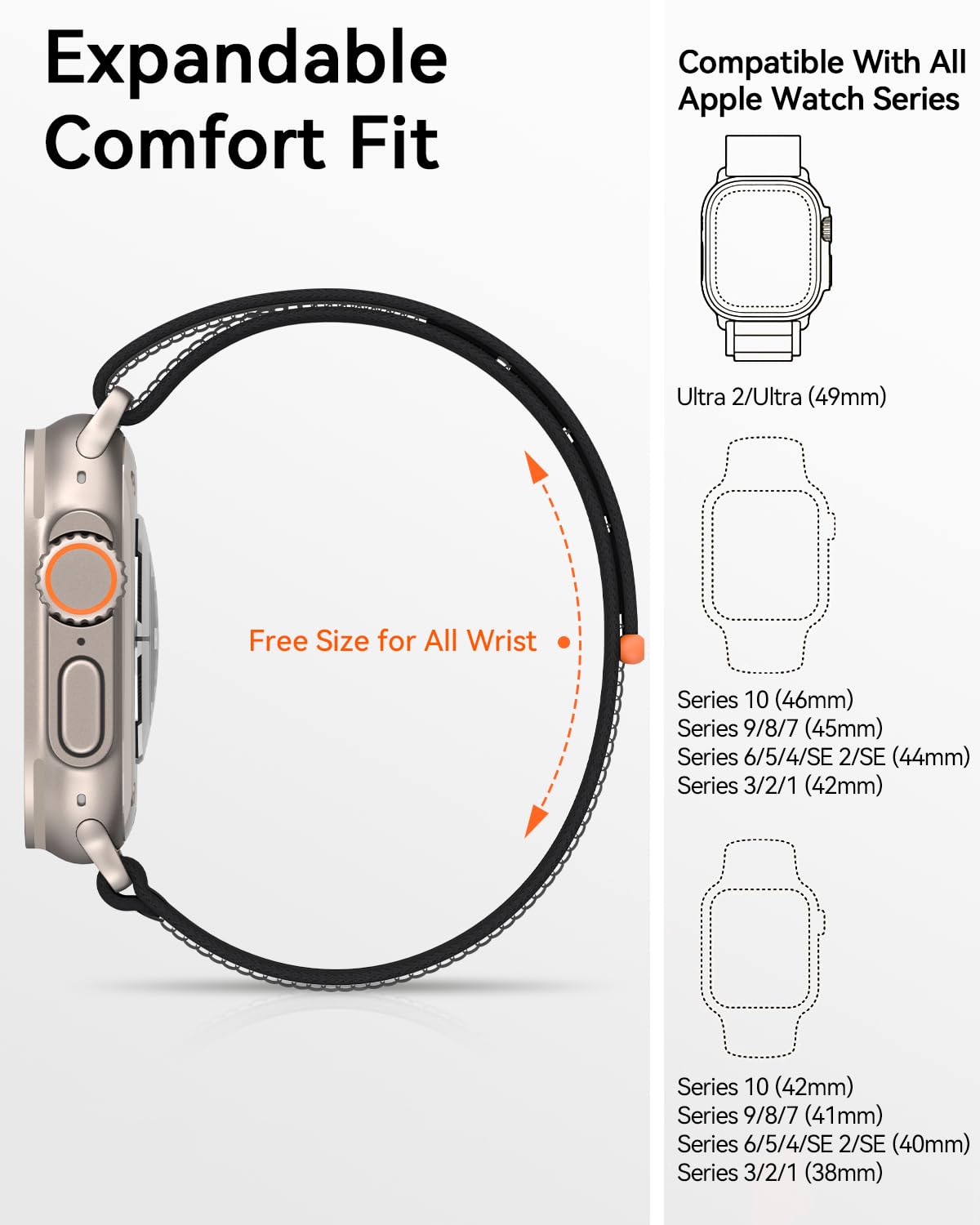 Premium Nylon Sport Loop Band for Apple Watch Series 1-10, SE & Ultra/Ultra 2 - 42mm/44mm/45mm/46mm/49mm - Soft Breathable Strap for Men & Women - Perfect for Running, Workouts & Everyday Wear