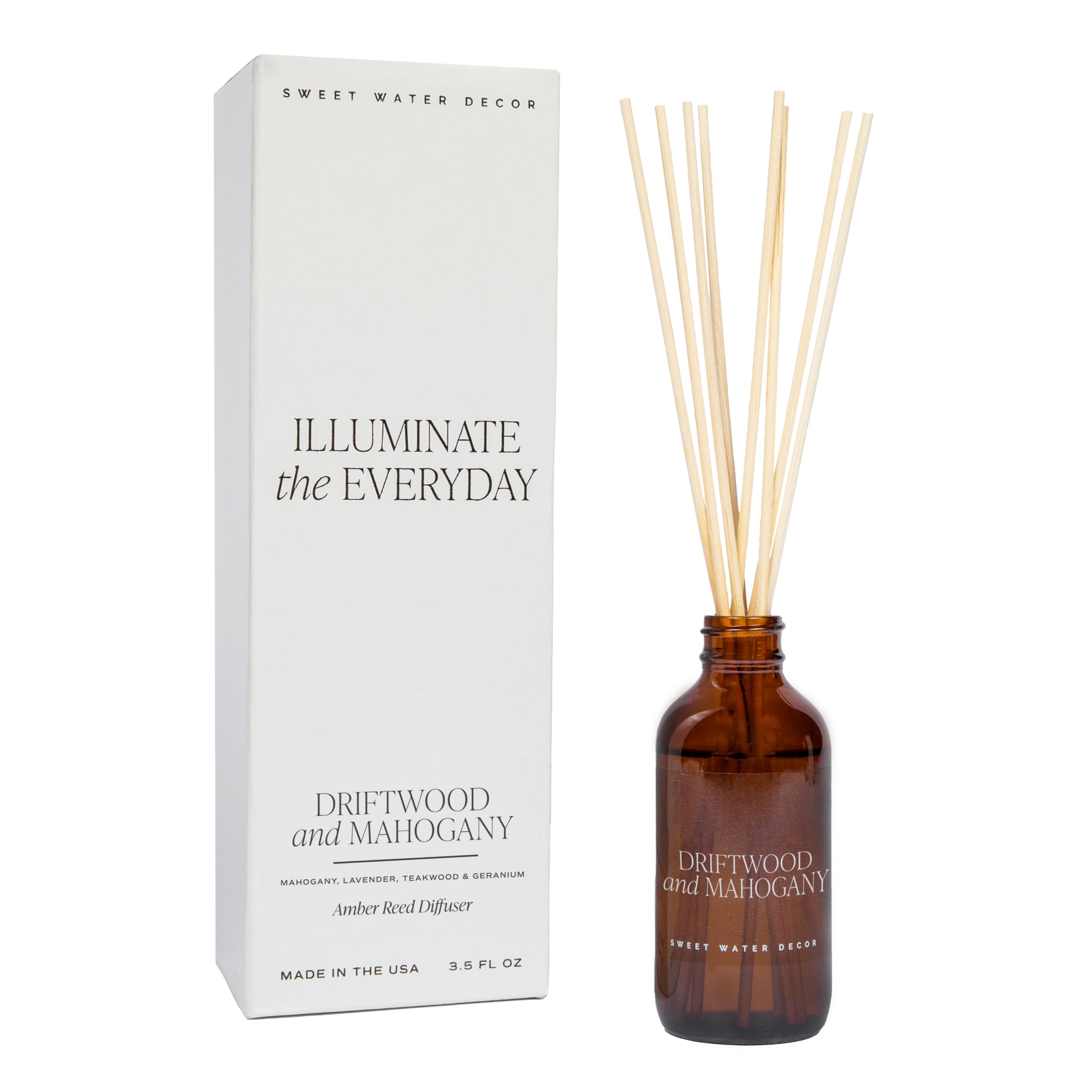 Premium Driftwood & Mahogany Reed Diffuser Set - Long-Lasting 4+ Months Lavender, Geranium & Mahogany Essential Oil Air Freshener - Handmade in USA for Home, Office, Bedroom & Bathroom Aromatherapy