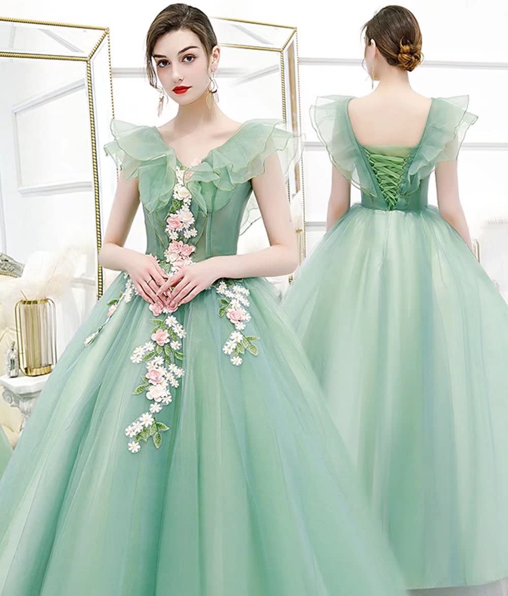 FTBY Women's Long Tulle Ball Gown - V Neck Plus Size Prom Dress with Applique for Quinceañera, Wedding & Special Occasions | Elegant Formal Evening Gown for Parties & Dances
