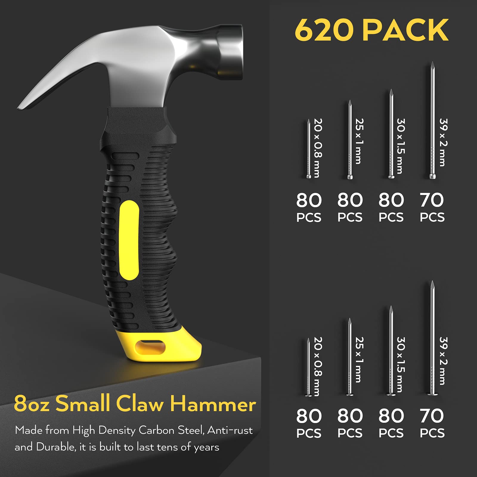 INCLY 620-Piece Picture Hanging Kit with 8oz Claw Hammer - Includes 310 Wall Nails & 310 Finish Nails - Assorted Hardware Nails Set with Storage Case - Perfect for Home Decor, Photo Frames, and DIY Wall Art Projects