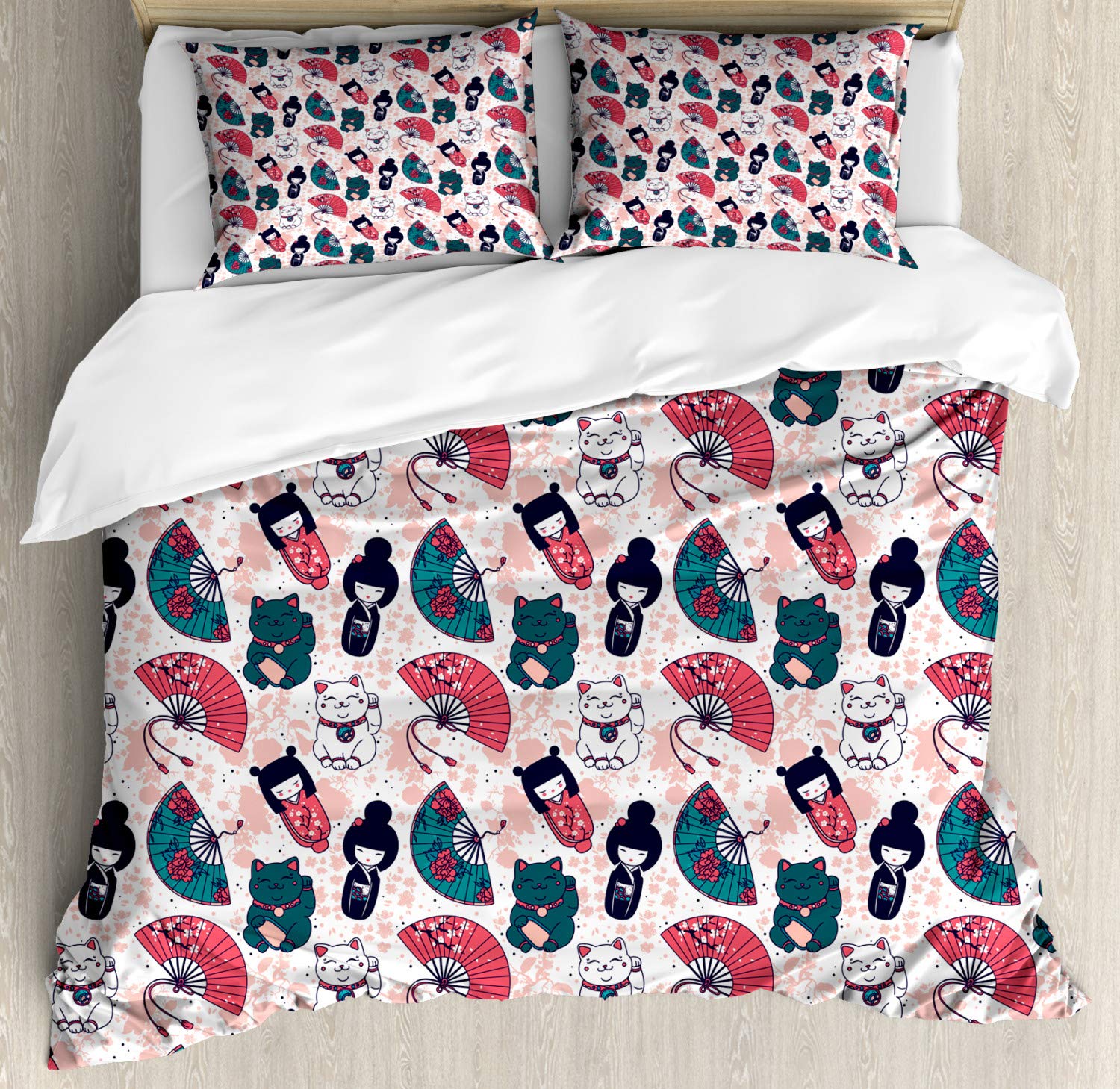 Ambesonne Japanese Cat Duvet Cover Set - Maneki Neko & Geisha Fan Print 3-Piece King Size Bedding with Pillow Shams, Blush Multicolor - Perfect for Anime Lovers' Bedroom & Themed Guest Room Decor