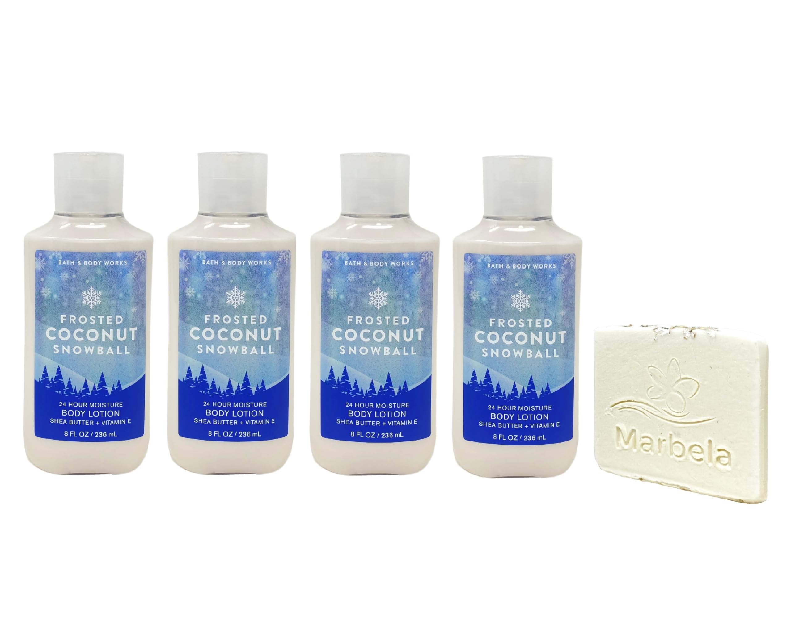 Frosted Coconut Snowball Body Lotion 4-Pack Set with Natural Oats Sample Soap | Moisturizing Winter Skincare Gift Set for Dry Skin | Perfect for Holiday Gifting & Self-Care Routine
