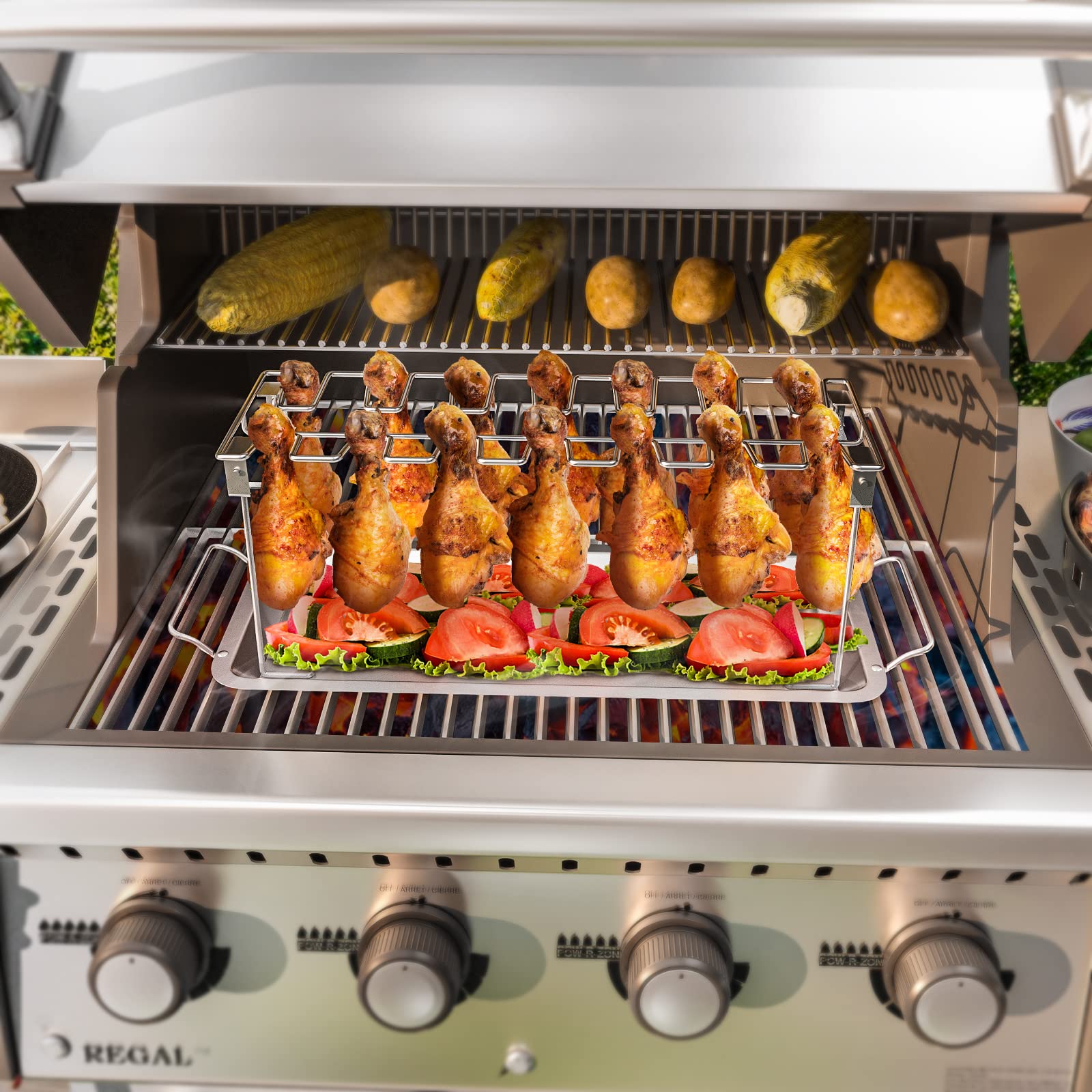 Premium Stainless Steel Chicken Leg Wing Rack for Grill with Drip Tray - 14 Slot Roaster Stand for Smoker, Oven & BBQ - Perfect for Outdoor Grilling, Picnics, Backyard Parties & Camping Cooking
