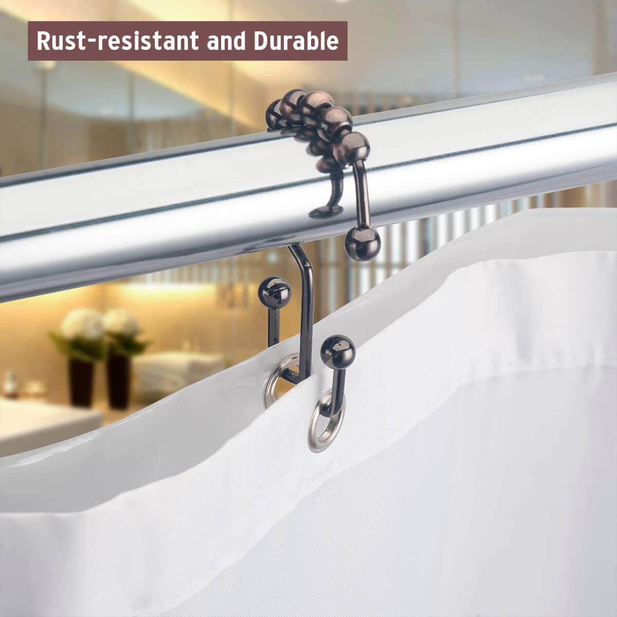 Rust-Resistant Bronze Shower Curtain Hooks - 12 Pack Metal Double Glide Roller Rings for Bathroom Curtain Rods | Durable & Smooth Sliding for Daily Shower Use