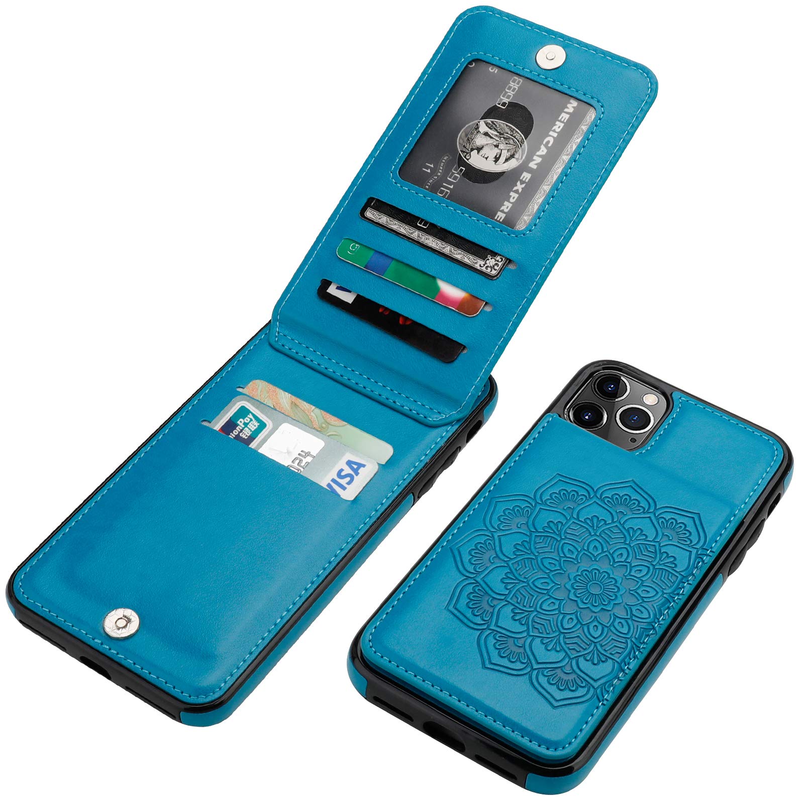 Vaburs iPhone 11 Pro Max Wallet Case - PU Leather Flip Cover with 5 Card Slots & Kickstand, Embossed Mandala Flower Design, Shockproof Protective Phone Case for iPhone 11 Pro Max 6.5 Inch (Blue) | Perfect for Travel, Work, and Everyday Use