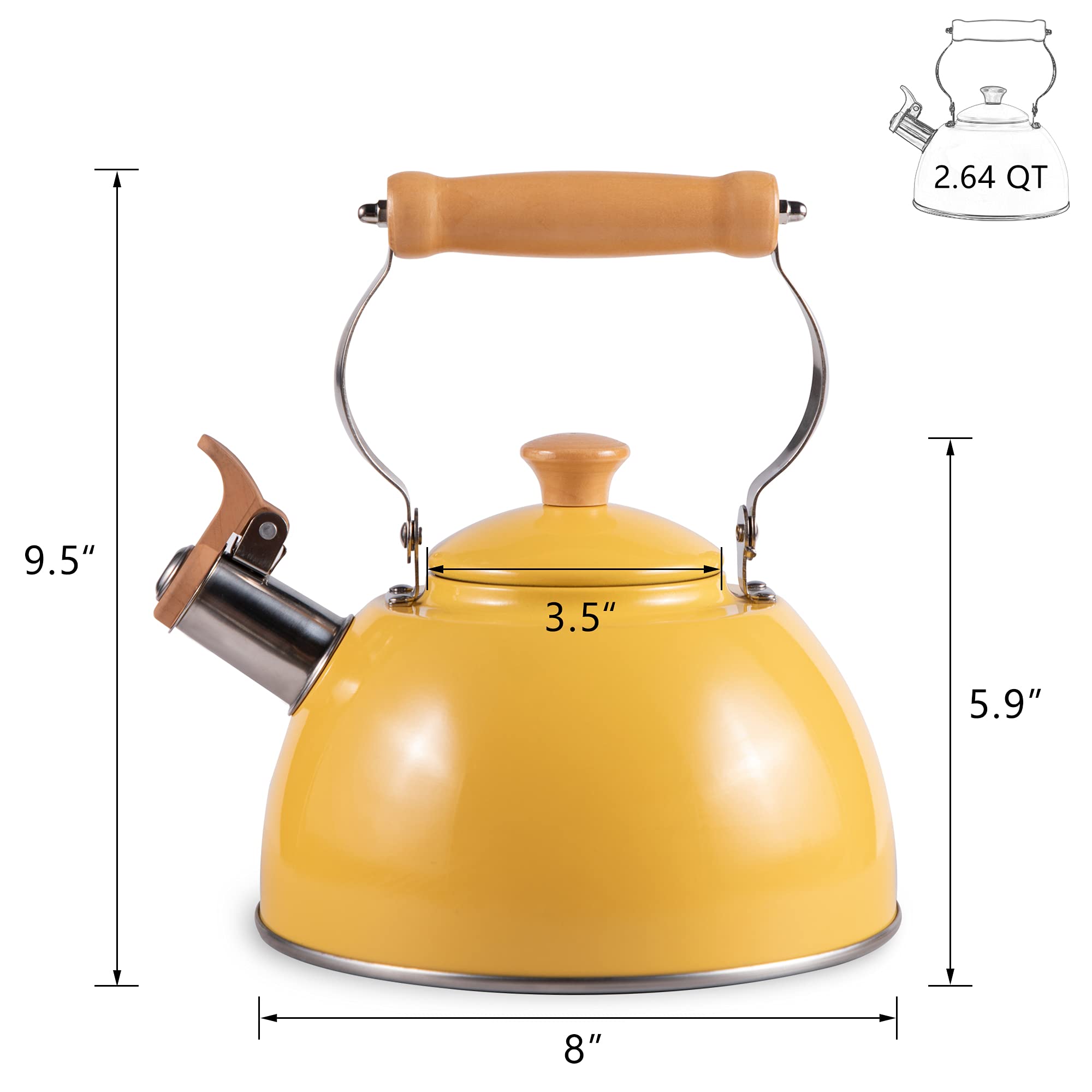 ROCKURWOK 2.7 Quart Stainless Steel Whistling Tea Kettle with Cool-Touch Handle - Yellow Stovetop Kettle for Tea, Coffee & Hot Water - Perfect for Home, Kitchen & Camping Use