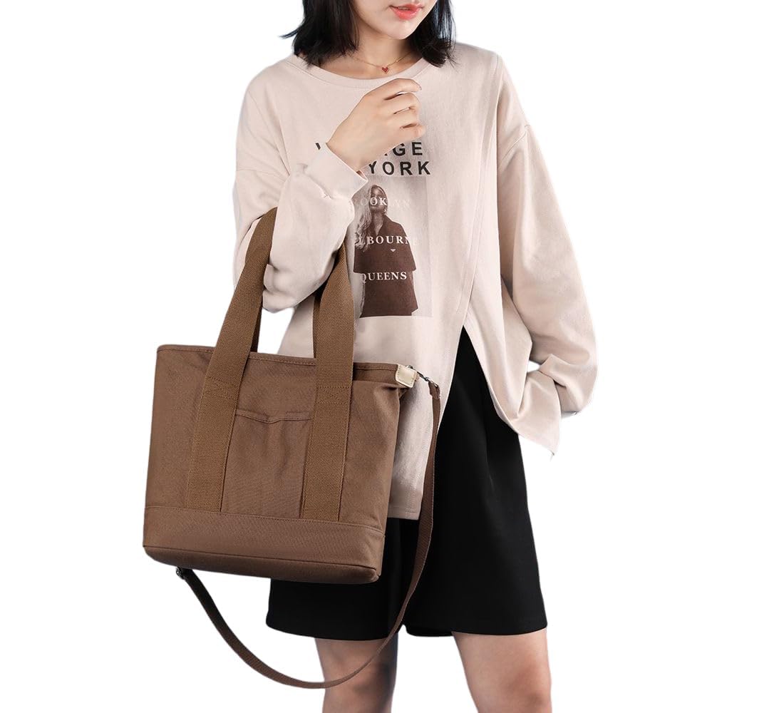 2023 Japanese Handmade Multi-Pocket Canvas Tote Bag with Zipper - Large Capacity Crossbody Purse for Women (Coffee, Large Size) | Perfect for Work, Travel & Shopping