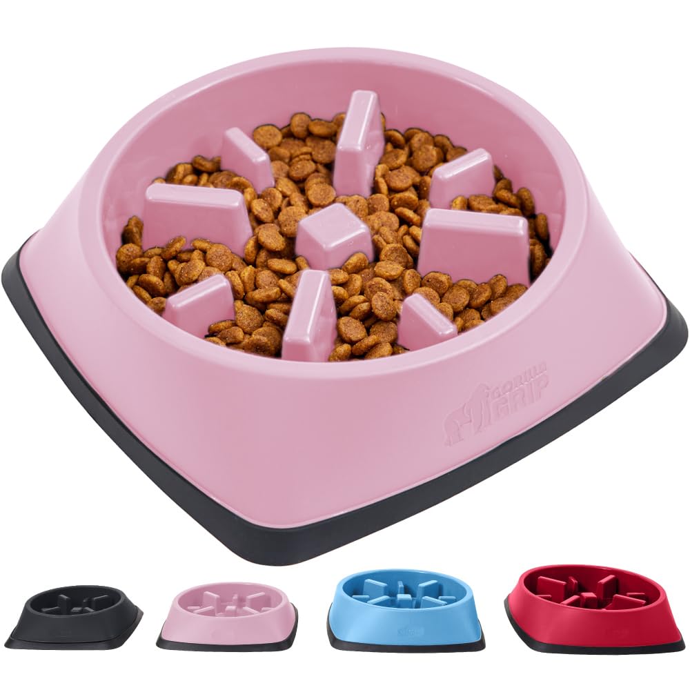 GORILLA GRIP Slow Feeder Dog and Cat Bowls - Interactive Puzzle Toy for Pet Food Training | Prevents Overeating in Puppies & Adult Dogs | BPA-Free Non-Slip Pet Bowl for Small & Large Breeds (4 Cup, Pink) - Perfect for Mealtime Enrichment and Portion Control