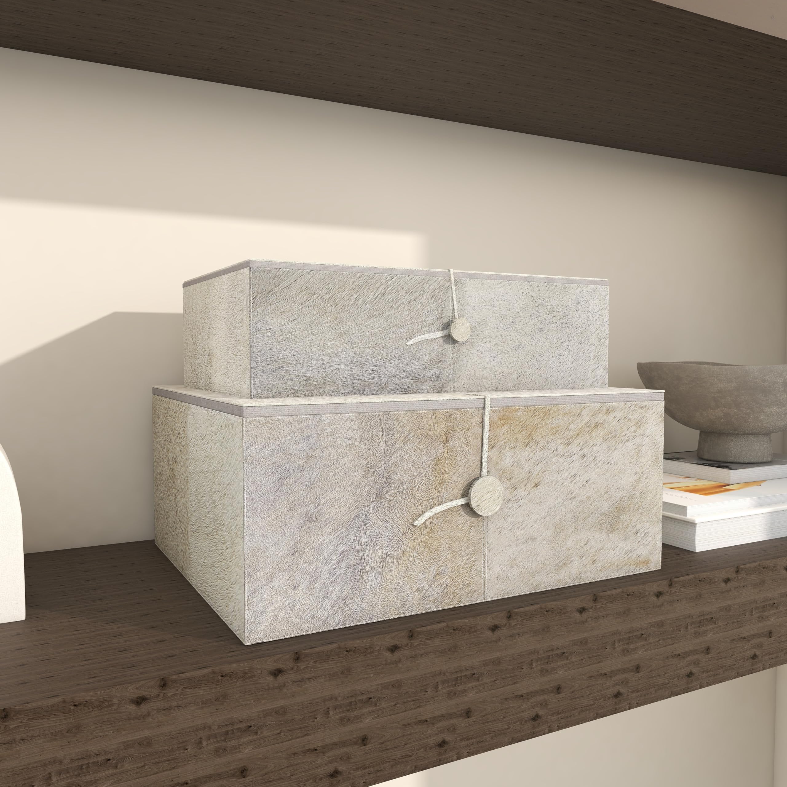 Handmade Leather Storage Box Set - Cowhide Decorative Keepsake Boxes with Loop Fastener, 11