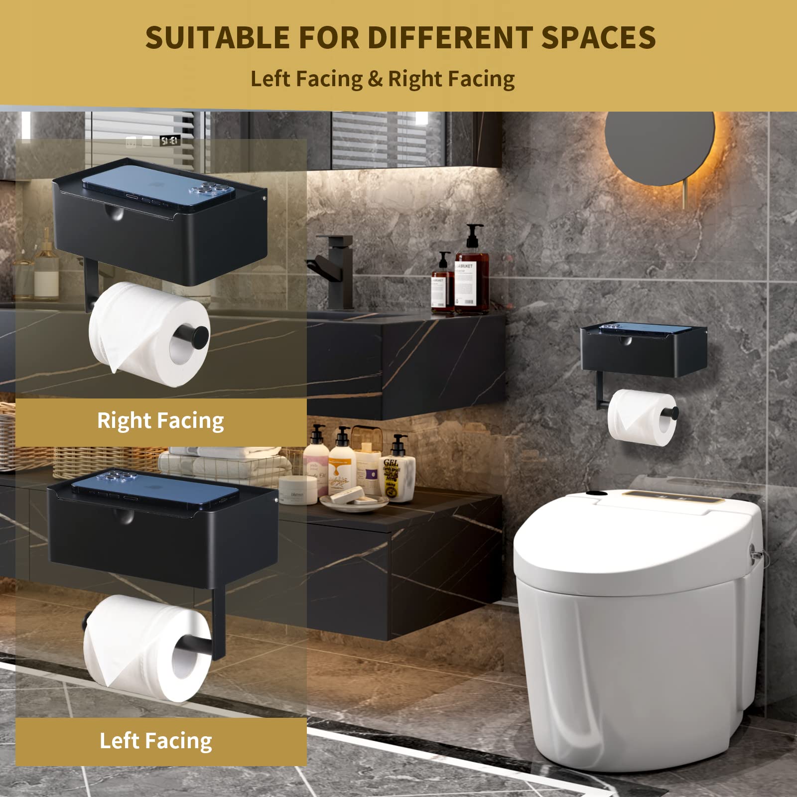 Stainless Steel Wall Mounted Toilet Paper Holder with Shelf - Large Bathroom Wipe Organizer in Matte Black - Perfect for Modern Bathrooms and Powder Rooms