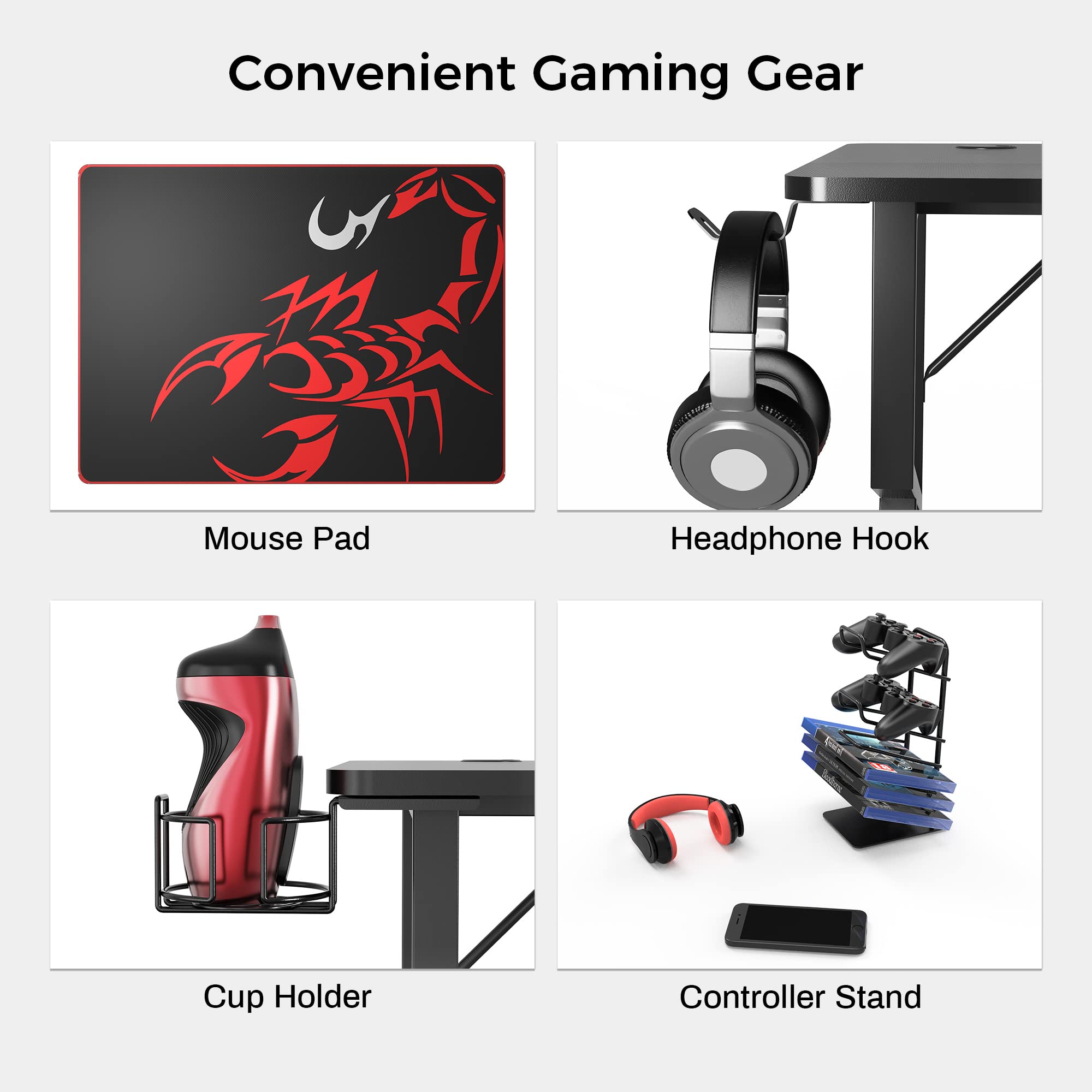 47 Inch K-Frame Gaming Desk - Ergonomic Computer Desk for Home Office & Professional Gamers with Cup Holder, Headphone Hook & Controller Stand | Includes Free Mousepad | Perfect for PC Gaming, Streaming & Remote Work (Black)