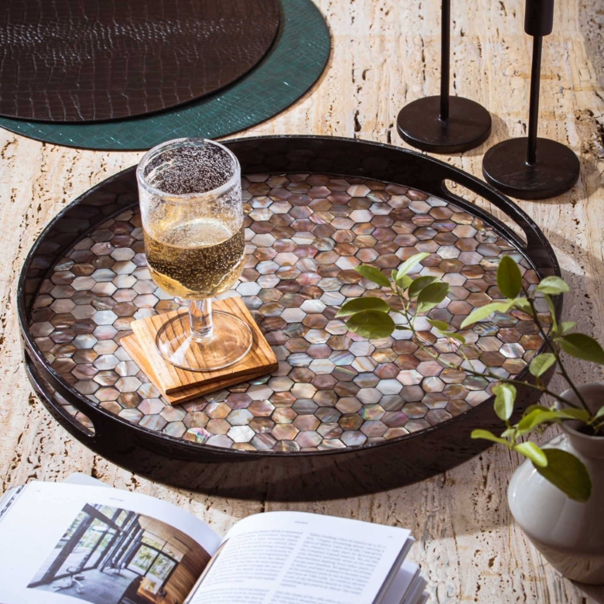 Elegant Grey Round Mother of Pearl (MOP) Serving Tray - Perfect for Entertaining, Dining, and Home Decor