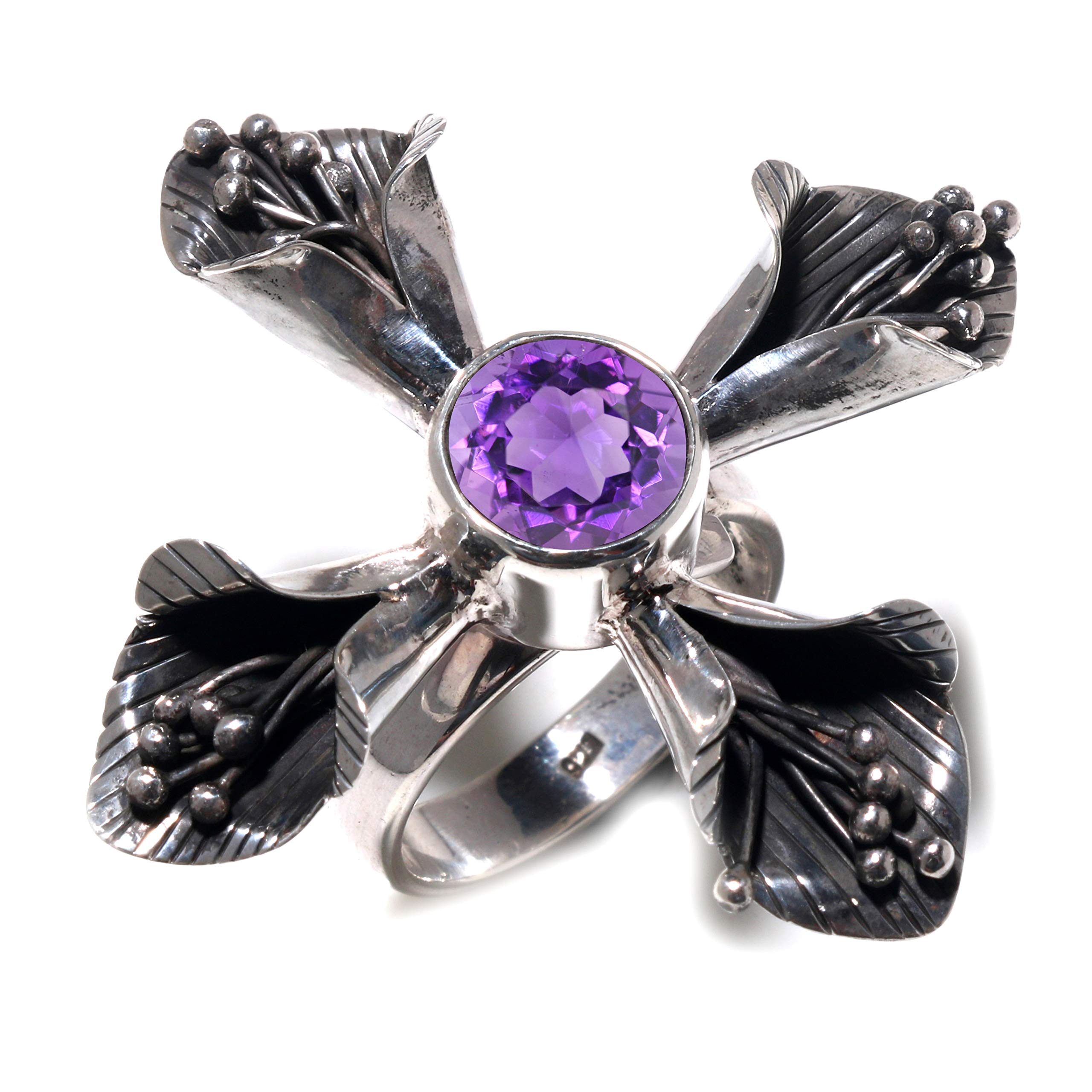 925 Sterling Silver Amethyst Flower Ring - Handmade Purple Gemstone Jewelry for Women, Gifts, Anniversary & Wedding | Perfect for Parties, Date Nights & Special Occasions
