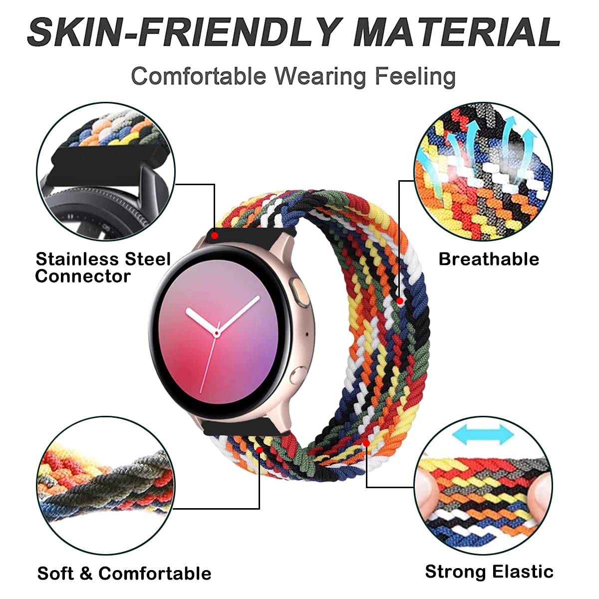 Minggo Solo Loop Braided Strap Compatible with Samsung Galaxy Watch 6/5/4/Active 2/3 (40mm 44mm 41mm 45mm) - Elastic Woven Watch Band for Men Women - Perfect for Workouts, Running & Daily Wear