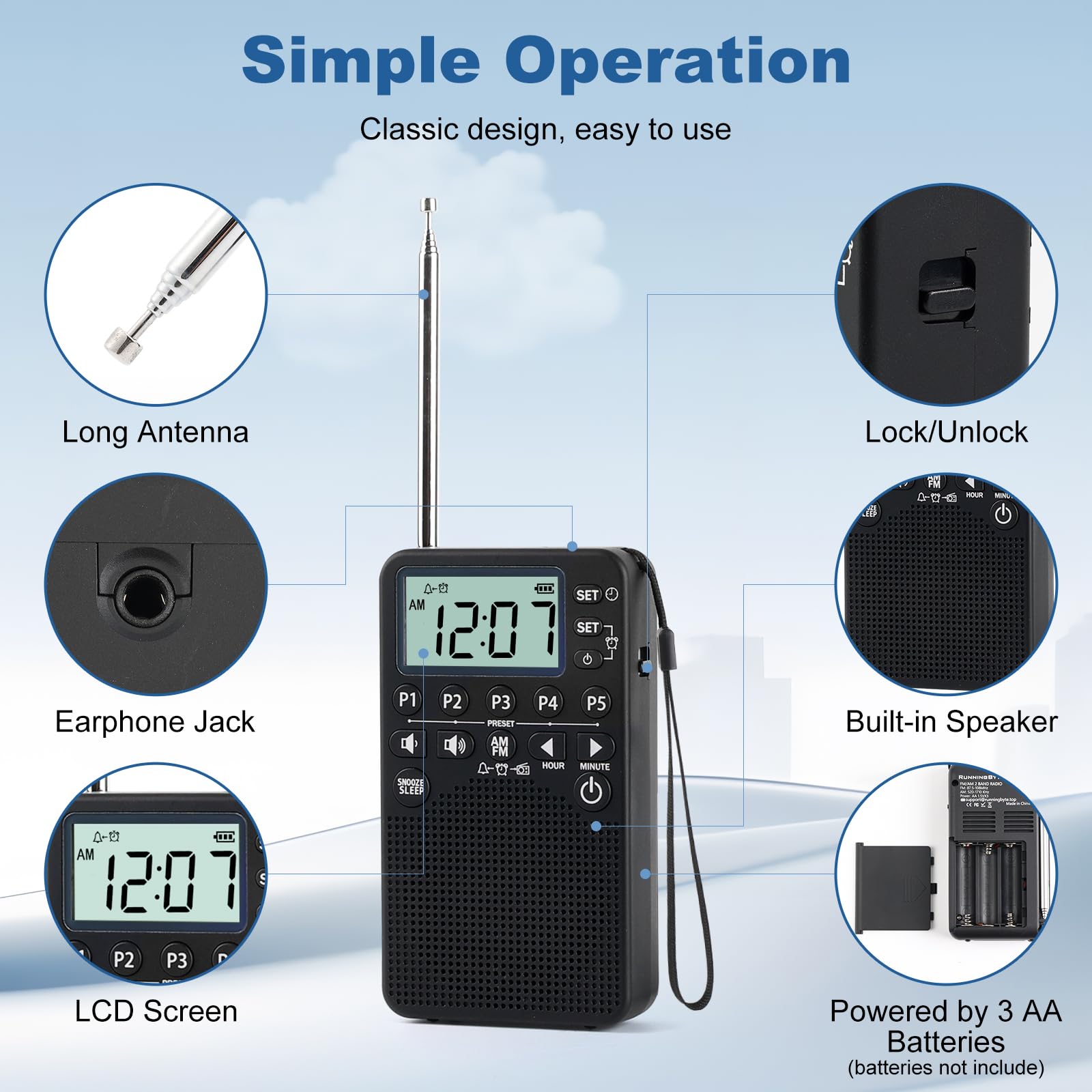 Portable AM/FM Radio with LCD Screen, Loud Speaker, Excellent Reception - Preset Stations, Sleep Timer, Alarm Clock, Snooze Function - Battery Operated for Home, Office, Travel & Outdoor Use - Perfect Gift Idea