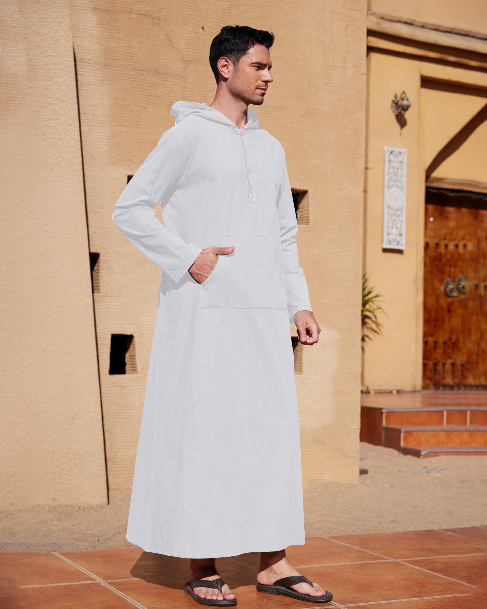 YAOHUOLE Men's Long Sleeve Kaftan Thobe - Big & Tall Muslim Hooded Robe for Prayer, Lounge & Special Occasions