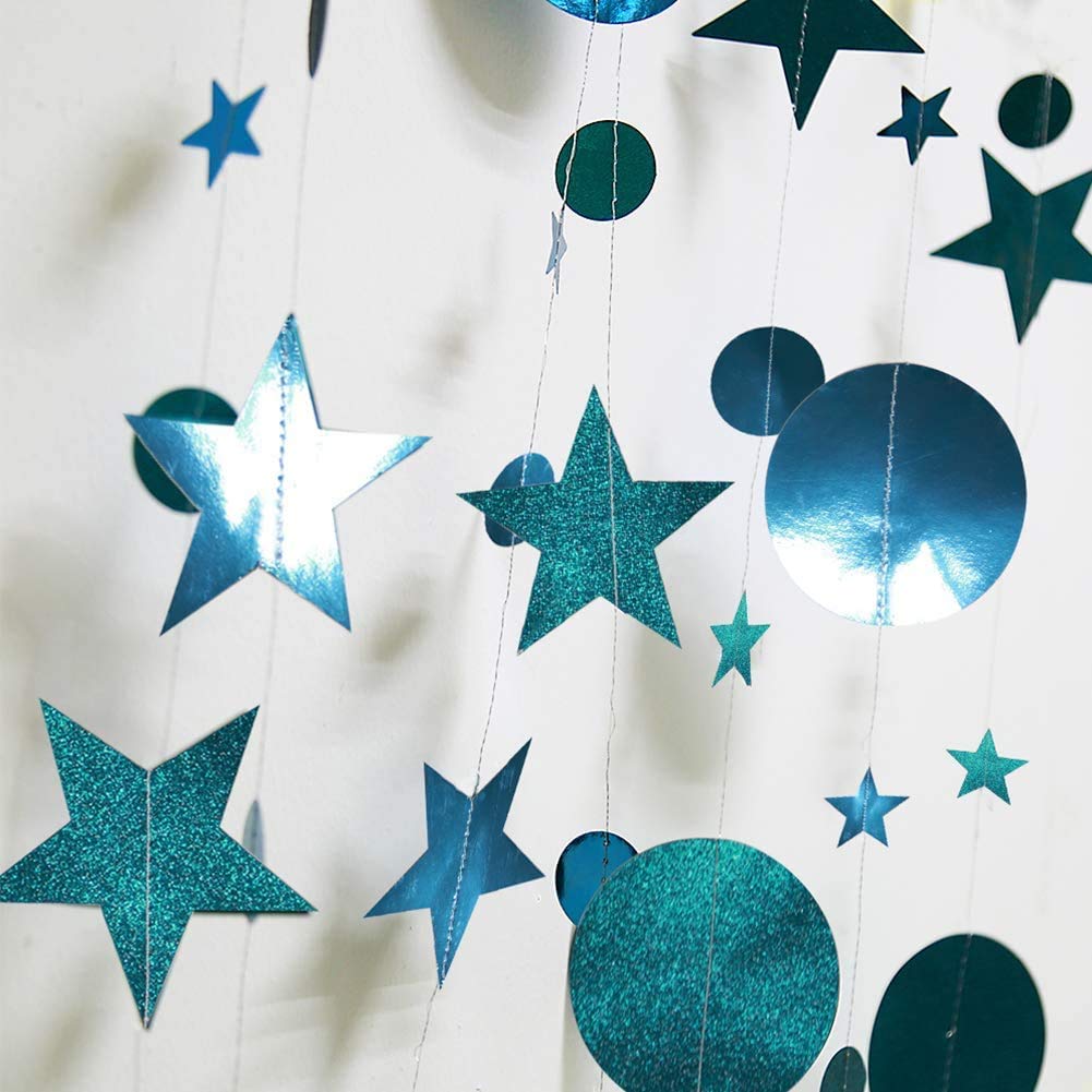Cheerland Glitter Teal Blue Star Circle Garland - Hanging Dot Banner Streamer for Wedding, Birthday, Bridal Shower, Bachelorette & Graduation Party Decorations | Perfect for Backdrop, Photo Booth & Ceiling Decor
