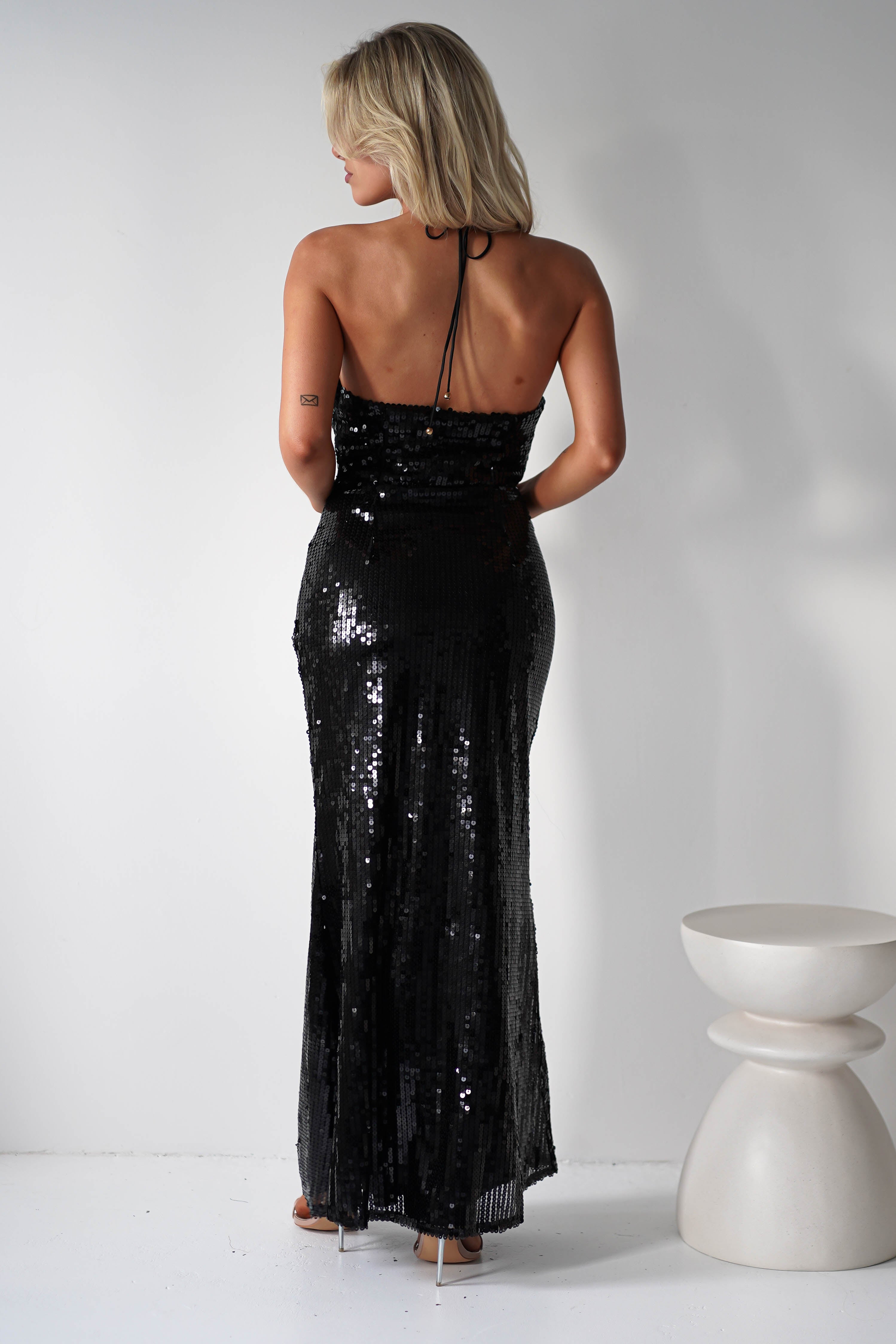 Jonna Halter Neck Sequin Maxi Dress for Women | Elegant Black Evening Gown | Perfect for Prom, Party, Wedding & Special Occasions
