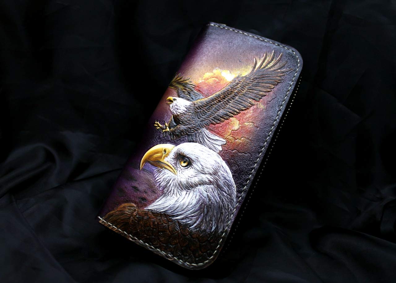 Handcrafted 3D Genuine Leather Men's Wallet - Long Biker Wallet with Eagle Design, Hand-Carved & Hand-Painted Custom Personalized Leather Wallet for Men - Perfect for Motorcycle Enthusiasts & Everyday Use