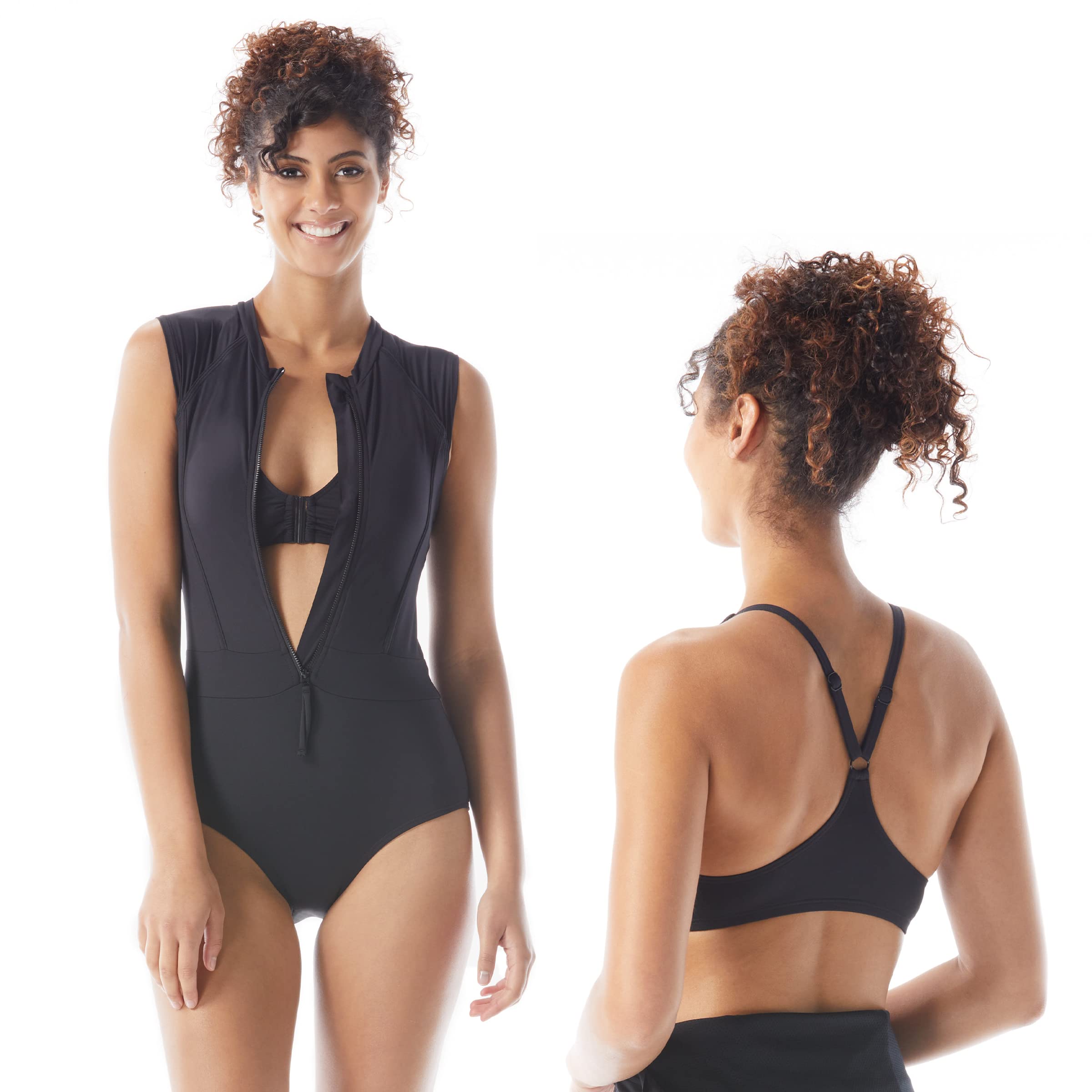 BEACH HOUSE Endurance Front Zip One Piece Swimsuit - AquaTek 50+ UPF Sun Protection - Bonus Sport Bra Bikini Top - Perfect for Swimming, Surfing & Beach Activities