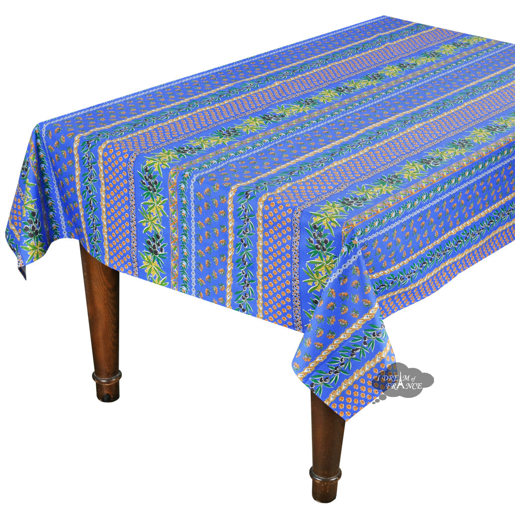 Le Cluny 60x108 Inch Rectangular Provence Tablecloth - Olive Blue Acrylic Coated Cotton for Dining Room, Kitchen, and Outdoor Picnics