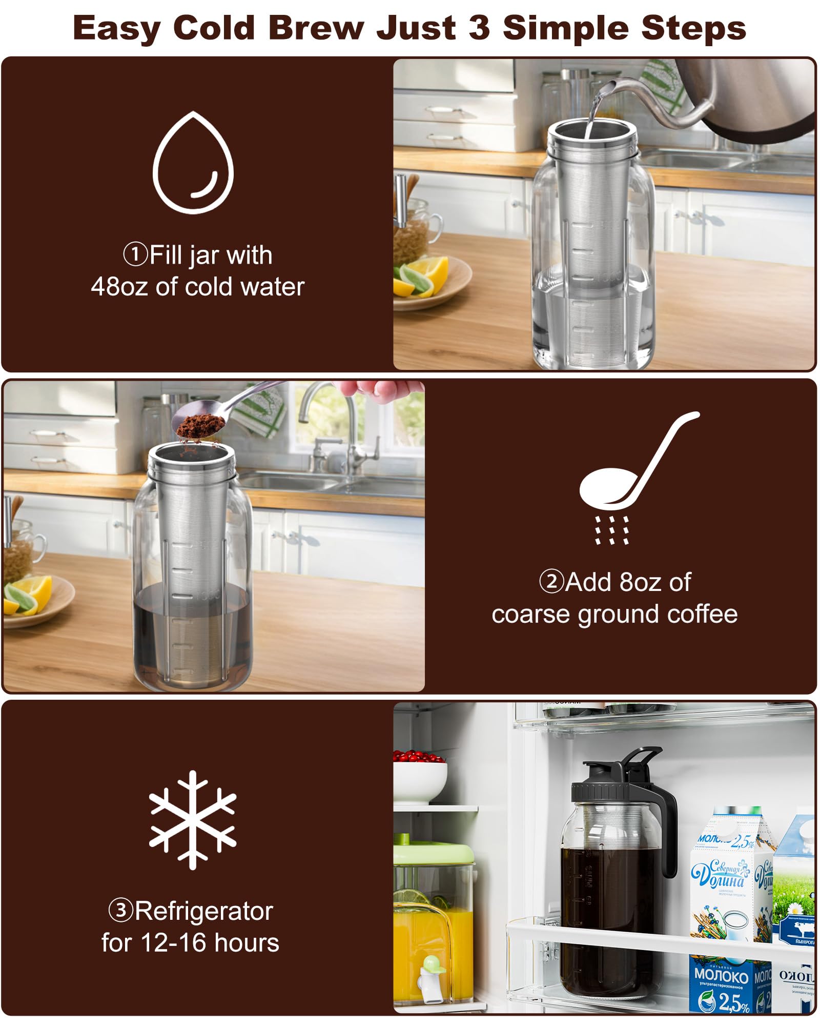 VA1KENE 64oz Cold Brew Coffee Maker with Stainless Steel Filter - Iced Coffee Pitcher with Lid & Spout, Glass Mason Jar for Home, Office & Outdoor Use (Black)
