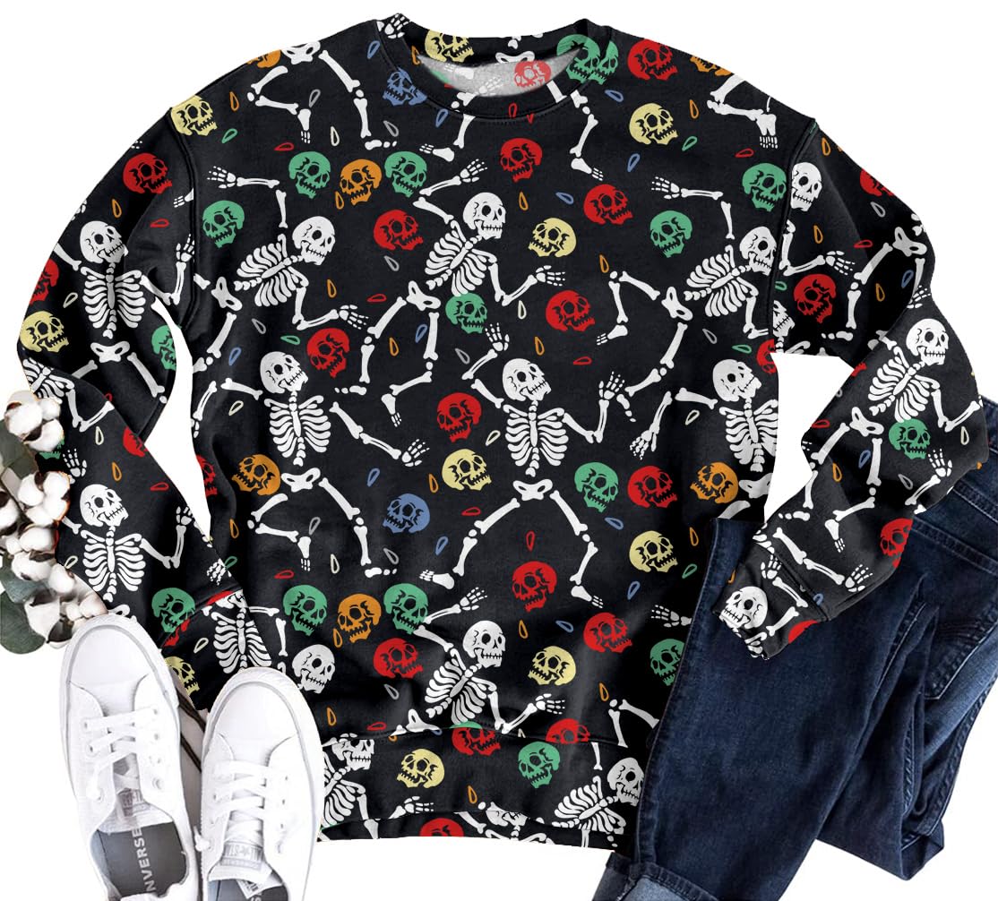 Spooky Halloween Skeleton Sweatshirt for Women - Skull Graphic Tee, YI XIANG RAN Dancing Bones Design - Perfect for Halloween Parties, Costume Events & Spooky Season Outfits