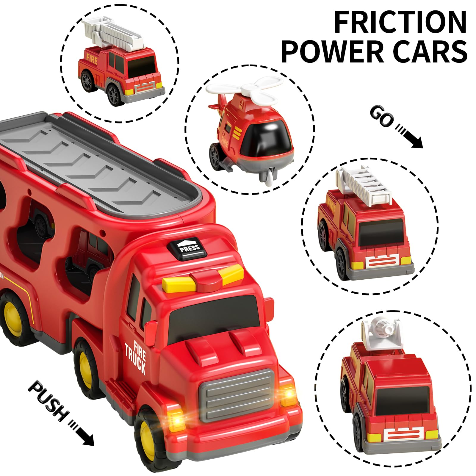 Fire Truck Toy for Kids Ages 3-7 - Toddler Fire Engine Transport Vehicle Carrier with Lights & Sounds - Best Gift for Boys & Girls - Perfect for Pretend Play, Birthday Parties & Preschool Learning