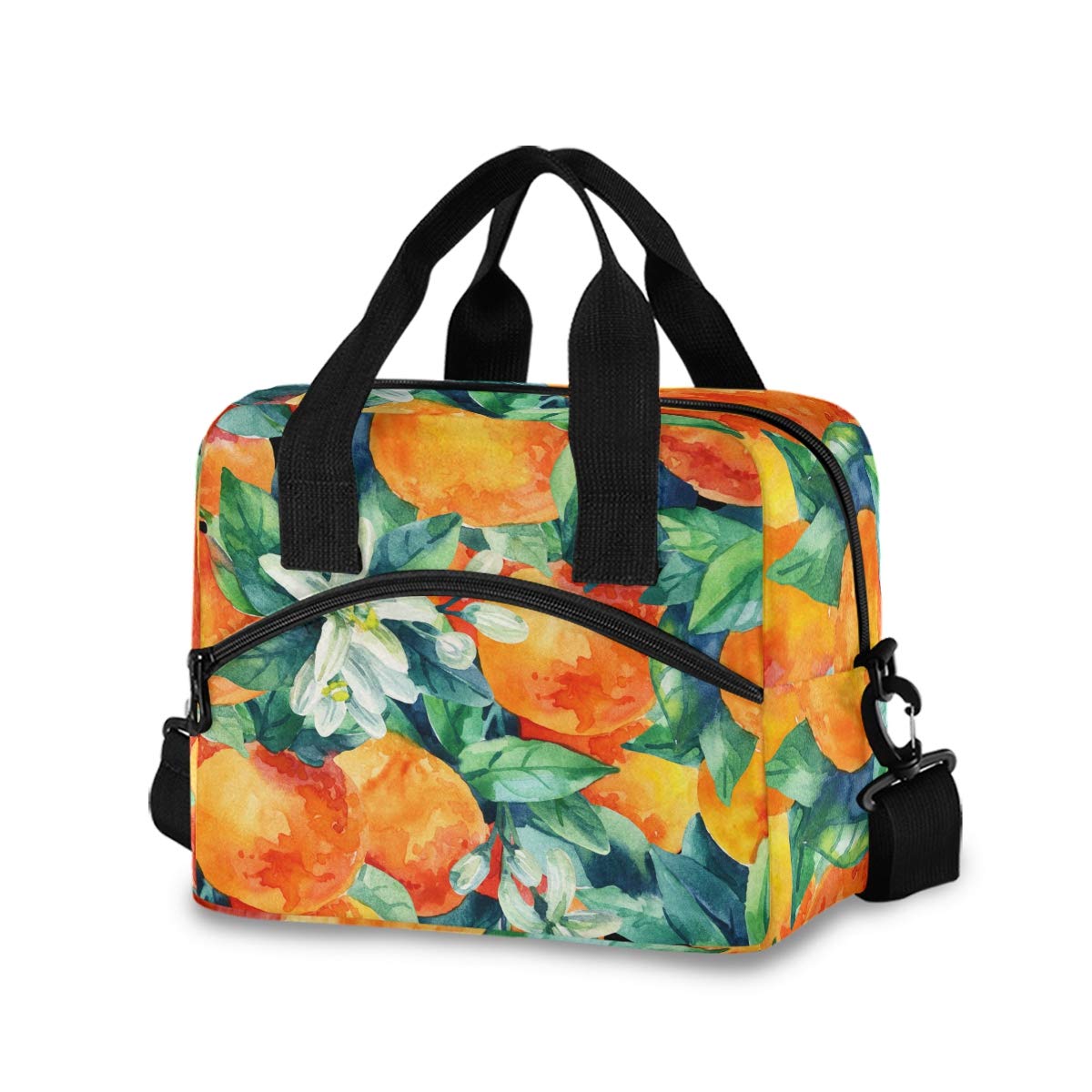 Insulated Watercolor Mandarin Orange Lunch Bag for Women & Men - Reusable Cooler Tote with Detachable Shoulder Strap & Carry Handle - Perfect for Work, School, Picnic & Outdoor Activities