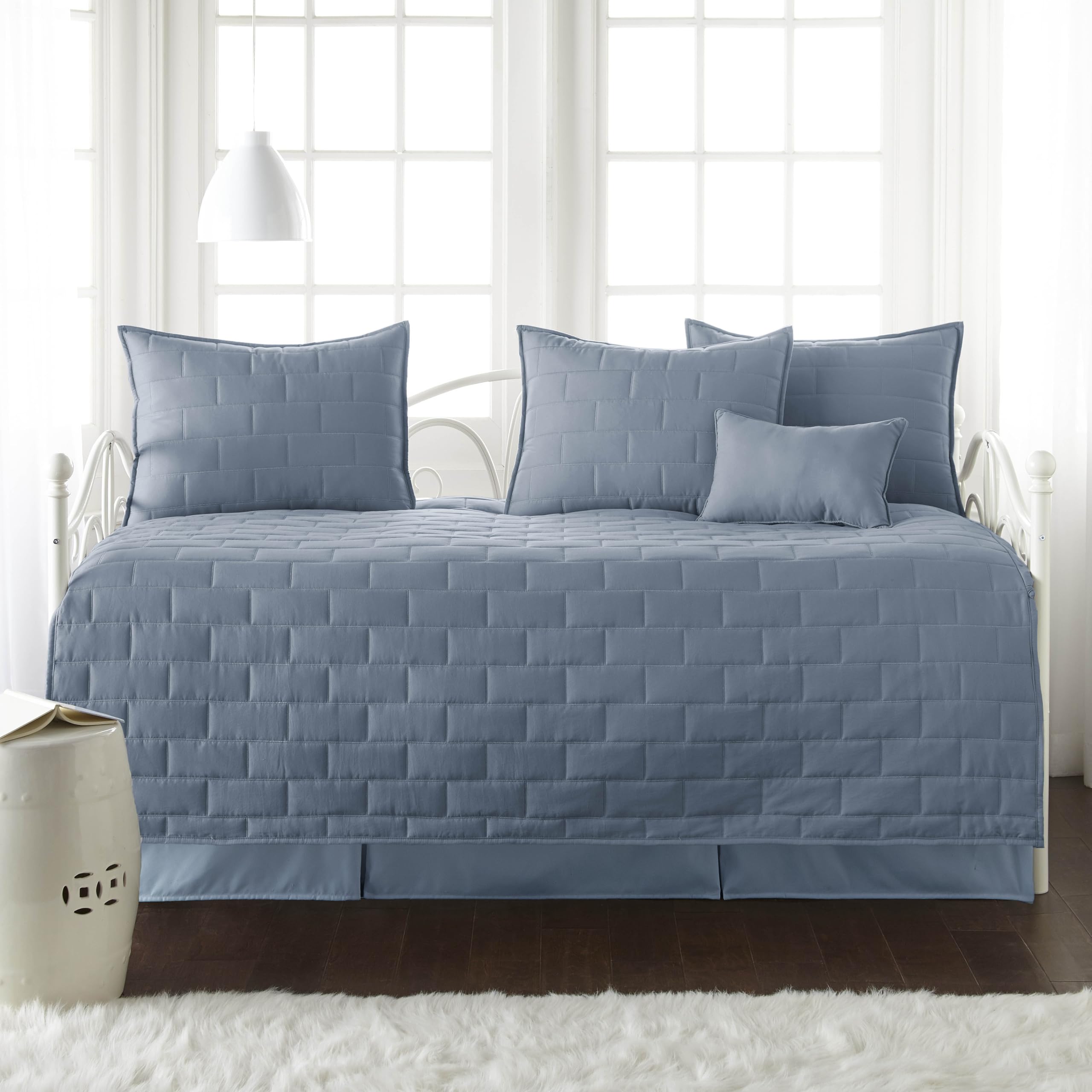Southshore Fine Living 6-Piece Twin Daybed Comforter Set - Brickyard Slate Blue Quilted Bedding with Cover, 3 Pillow Shams, Bed Skirt & Throw Pillow | Perfect for Guest Rooms, Dorm Decor & Cozy Reading Nooks