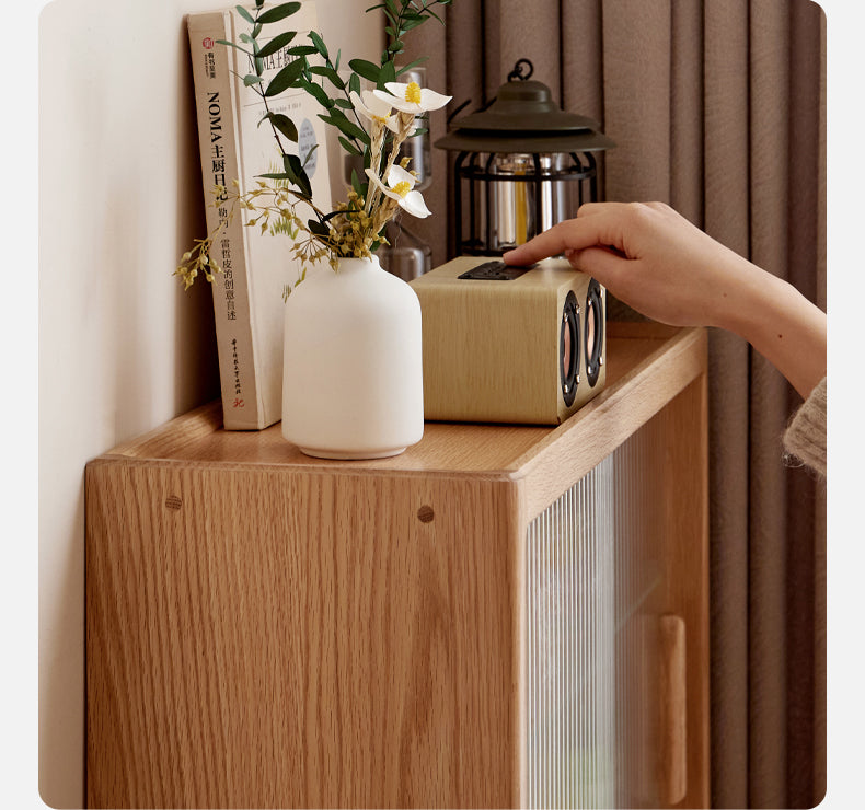 Solid Wood Desktop Locker Storage Cabinet with Glass Sliding Door - Oak, Cherry, Poplar - Perfect for Home Office, Bedroom, and Dorm Organization