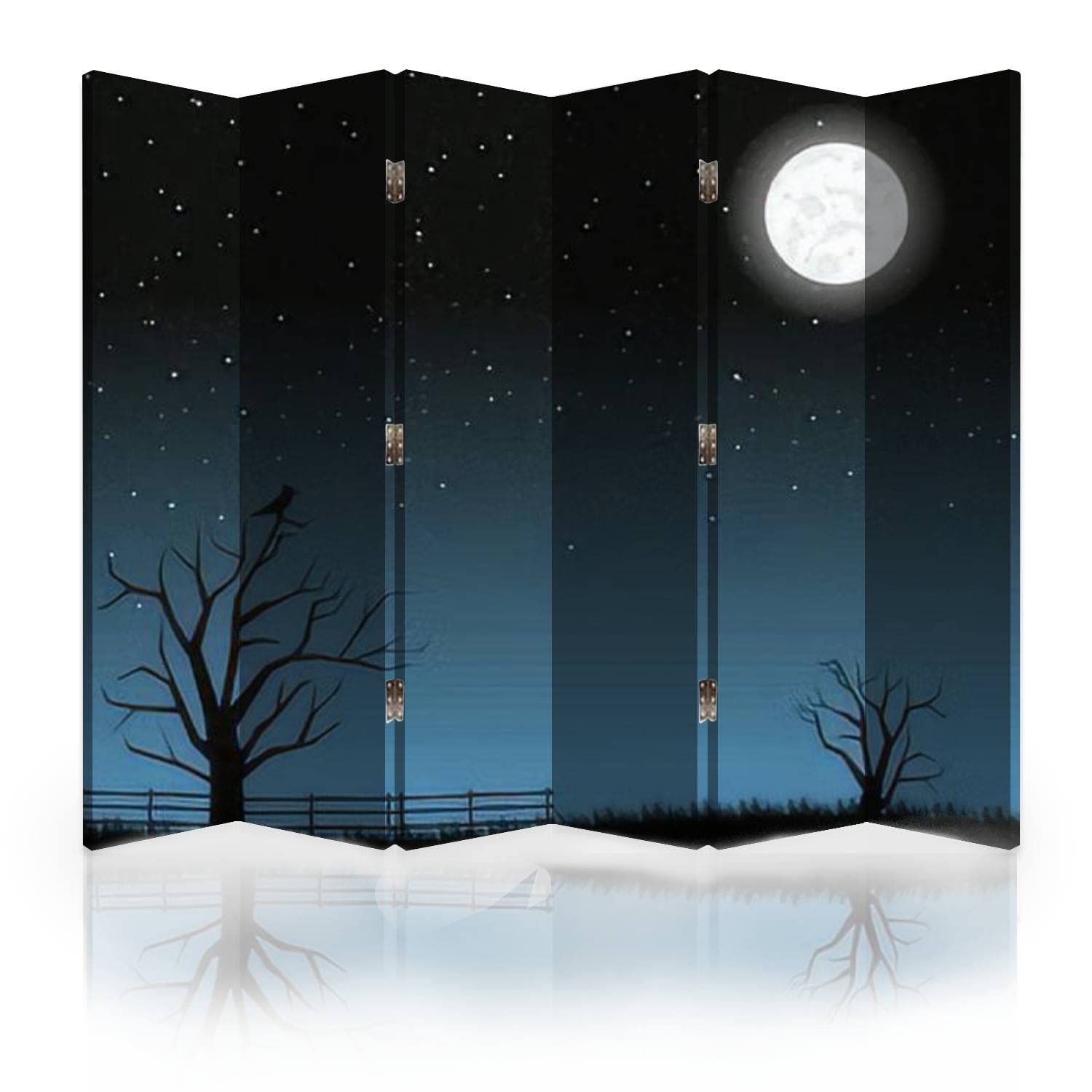 6-Panel Canvas Room Divider Screen - Full Moon & Tree Branches Design | Folding Privacy Partition for Bedroom, Office & Living Room | Home Decor & Space Separator