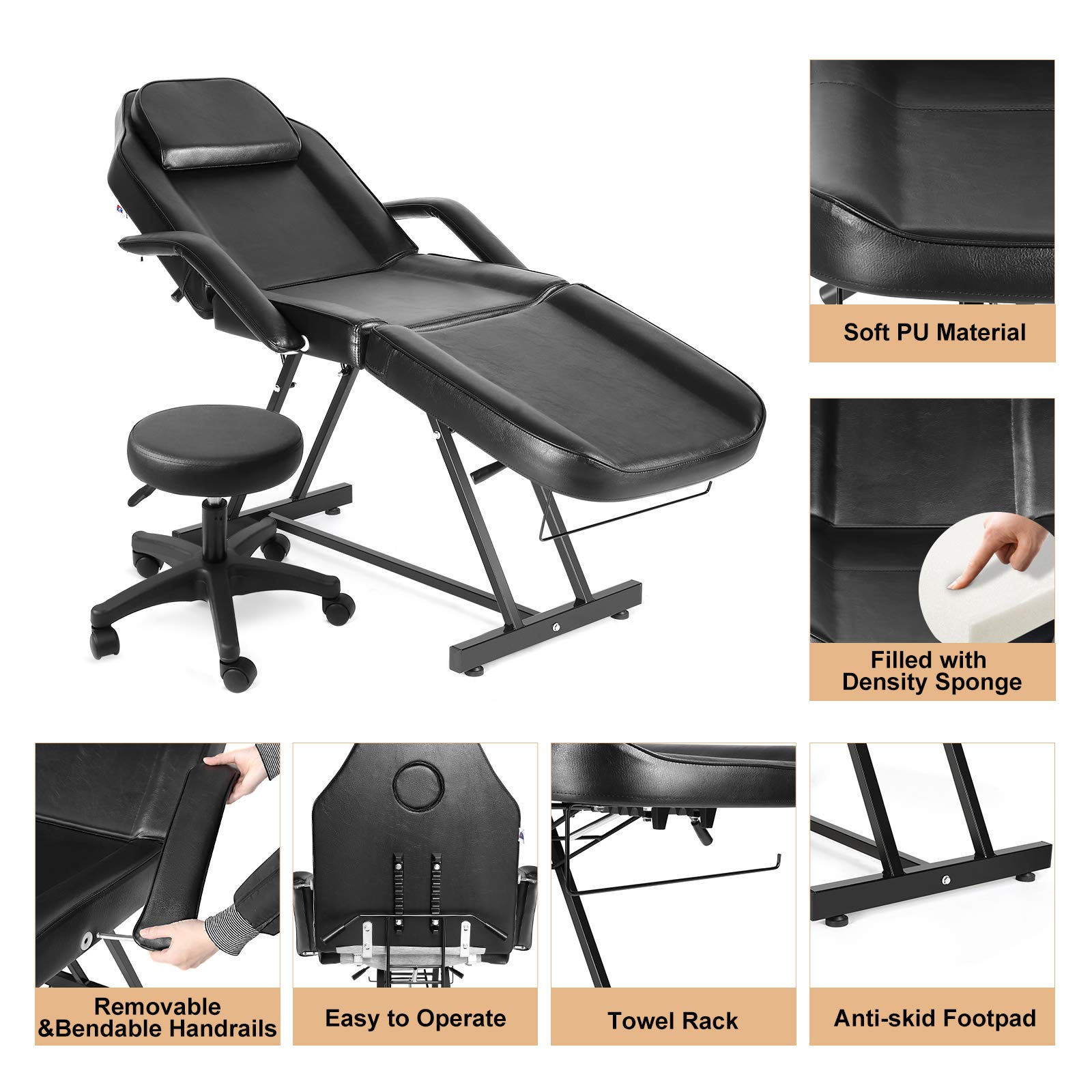 Professional Adjustable Facial Massage Bed & Tattoo Chair with Stool - Salon Spa Equipment for Barber, Massage Therapy & Tattoo Parlors - Perfect for Relaxation & Body Art Sessions