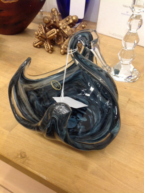 Handmade Murano Blue Swan Art Glass Bowl - 7 3/4 Inch Venetian Decorative Centerpiece for Dining Table & Home Decor