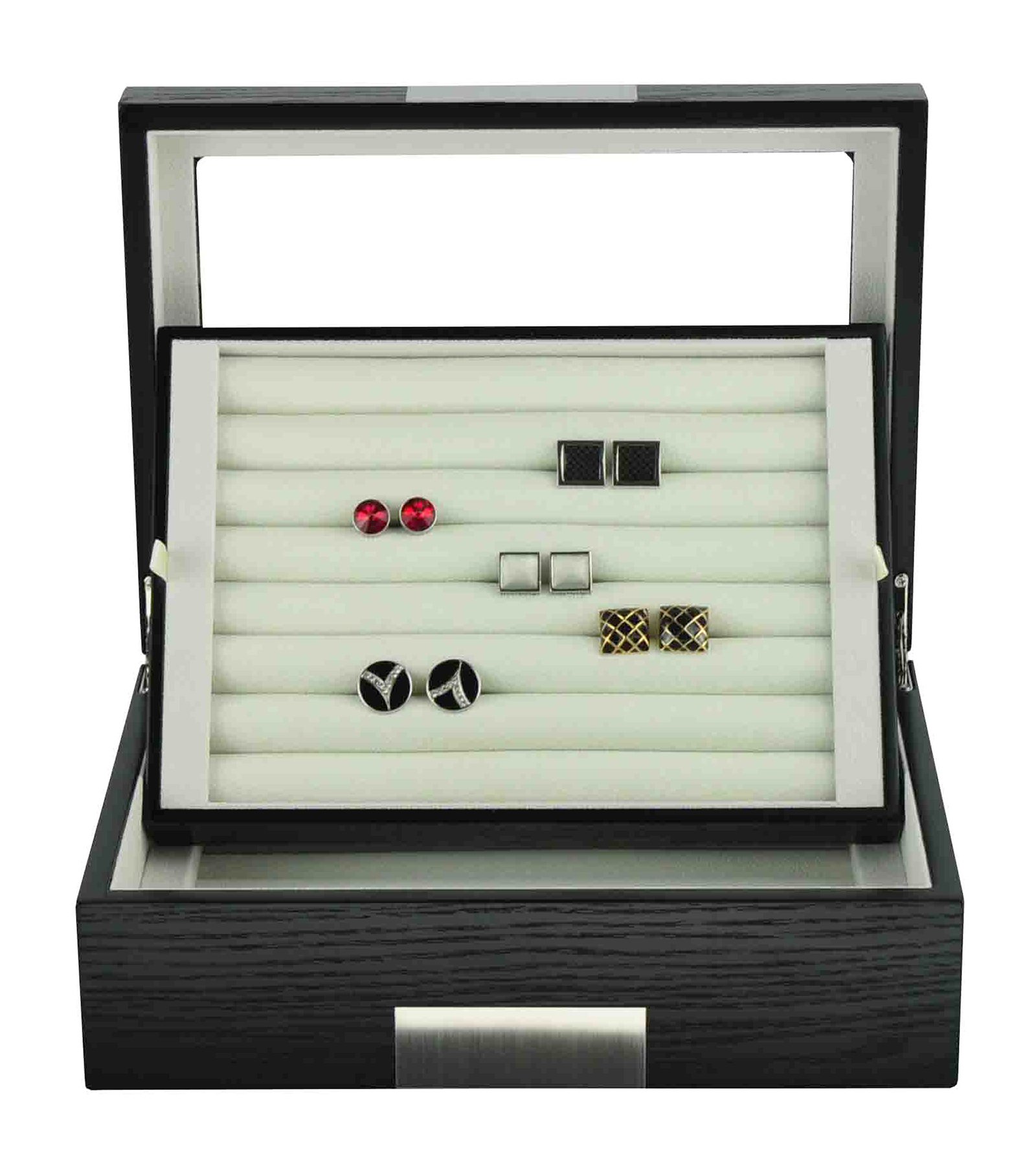 Personalized Black Ebony Wood Cufflink Case & Ring Storage Organizer - Stainless Steel Engravable Jewelry Box Holds 72 Cufflinks - Perfect Gift for Men, Wedding, Anniversary & Formal Occasions