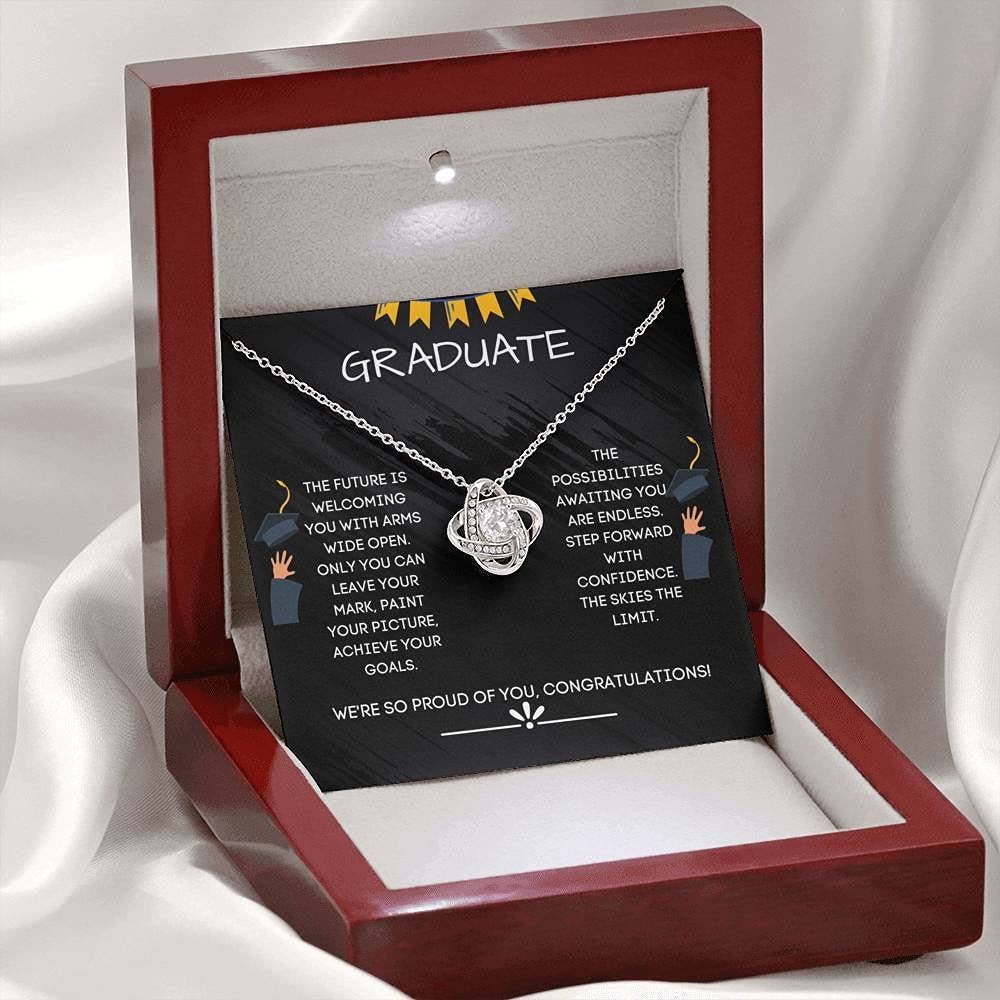 Personalized Love Knot Necklace - 2021 Graduate Gift - Inspirational 'Skies The Limit' Jewelry for Women | Perfect Graduation Present, Senior Year Keepsake & Thoughtful Card Companion | Ideal for Commencement Ceremonies, Graduation Parties & Celebrating Academic Achievements