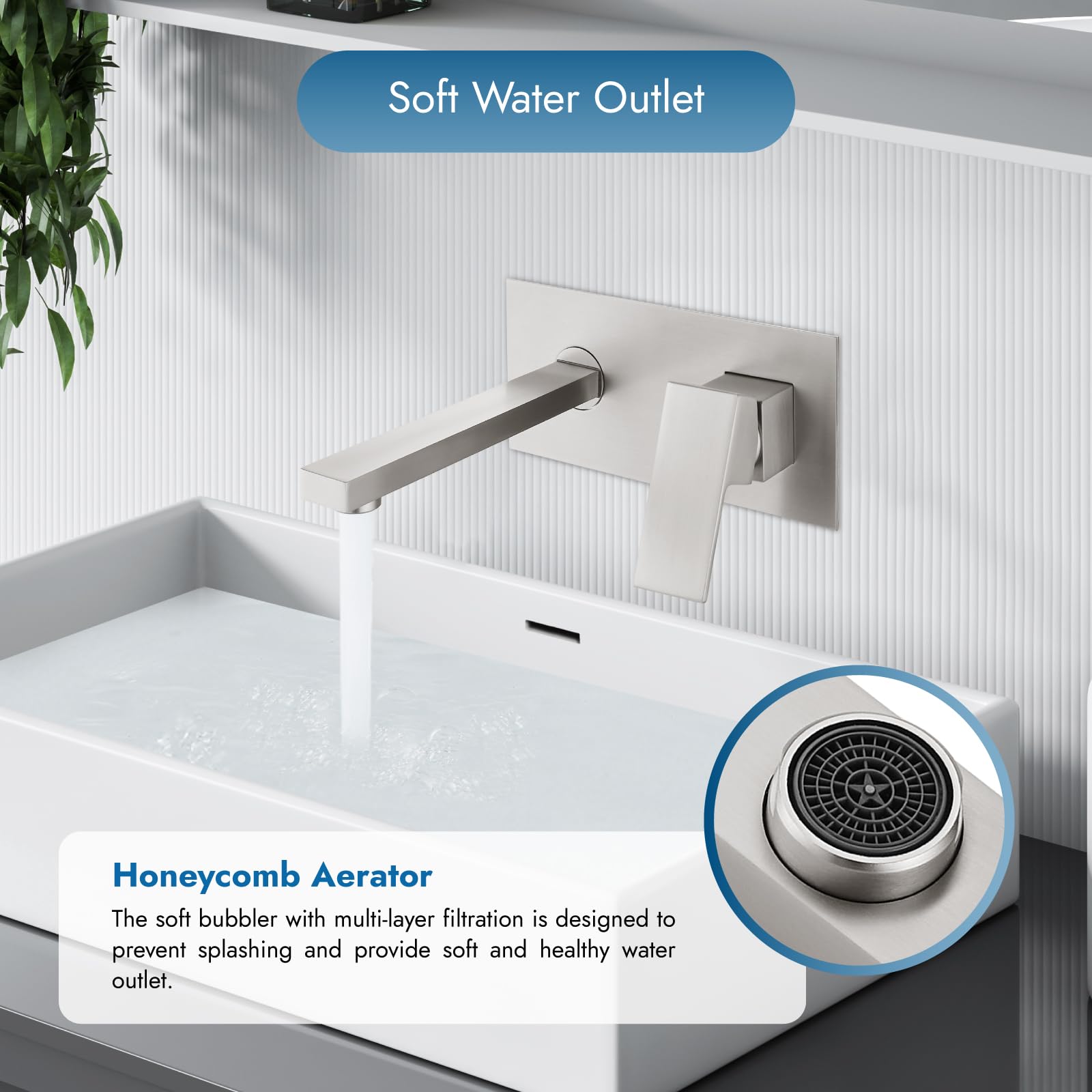 Wall Mount Bathroom Sink Faucet - Single Handle Brushed Nickel Lavatory Vanity Basin Mixer Tap with Rough-in Valve | Perfect for Modern Bathrooms, Powder Rooms & Small Spaces