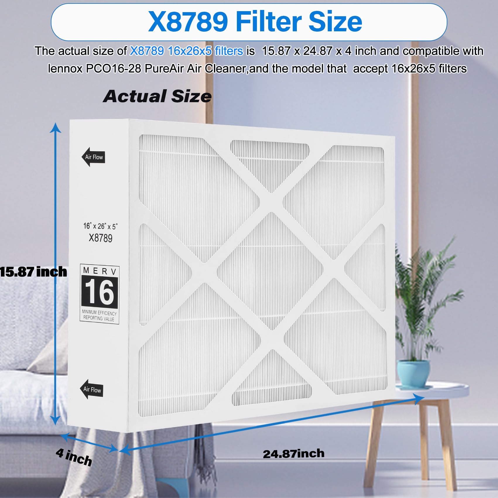 16x26x5 MERV 16 Air Filter - 2 Pack | High Efficiency Furnace Filter | Compatible with PCO16-28 | Perfect for Home HVAC Systems & Allergy Relief