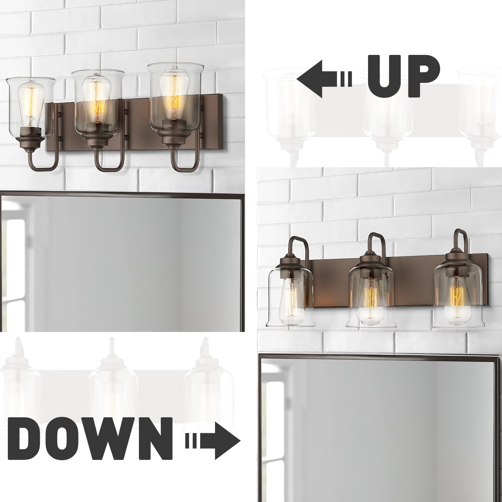 20.5 Inch Farmhouse Bathroom Vanity Light Fixtures - 3-Light Oil Rubbed Bronze Mirror Lighting with Clear Glass Shades - Perfect for Bathroom, Powder Room, and Dressing Room Illumination