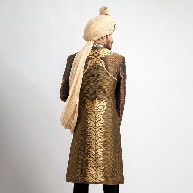 Antique Gold and Black Brocade Sherwani for Men | Elegant Indian Wedding Outfit | Traditional Ethnic Groom Attire for Ceremonies & Festivals