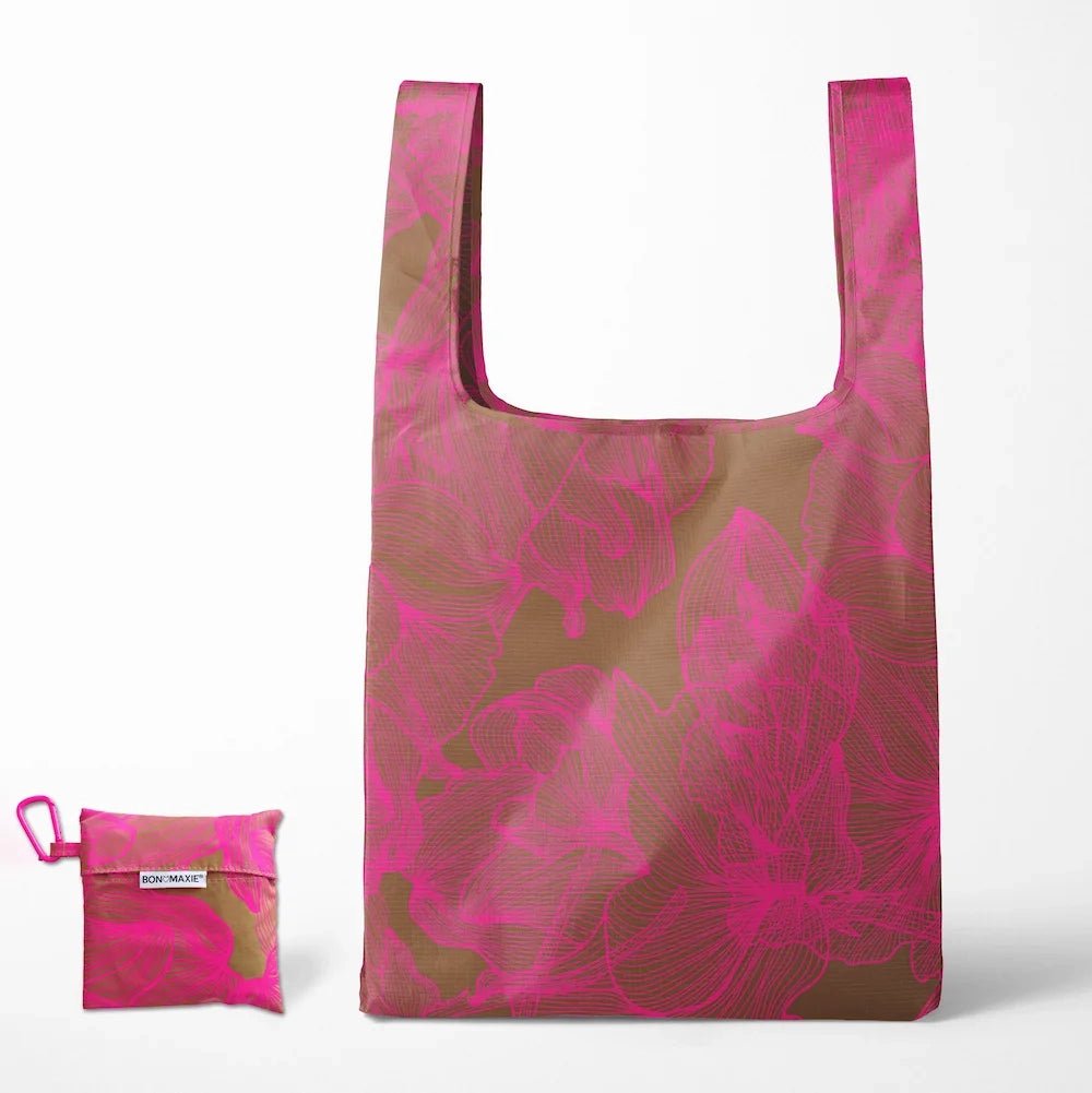 Eco-Friendly Reusable Shopping Bags - 2 Pack with Neon Pink & Tan Floral Designs - Perfect for Groceries, Beach Trips & Farmers Markets
