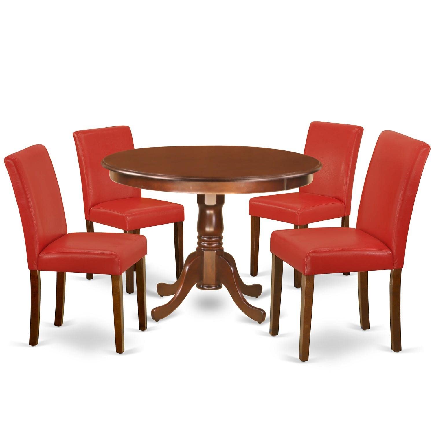East West Furniture 5-Piece Round Dining Table Set with Pedestal Base & 4 Faux Leather Chairs - 42 Inch Mahogany Table & Firebrick Red Upholstered Seating - Perfect for Small Spaces, Breakfast Nooks & Cozy Family Meals