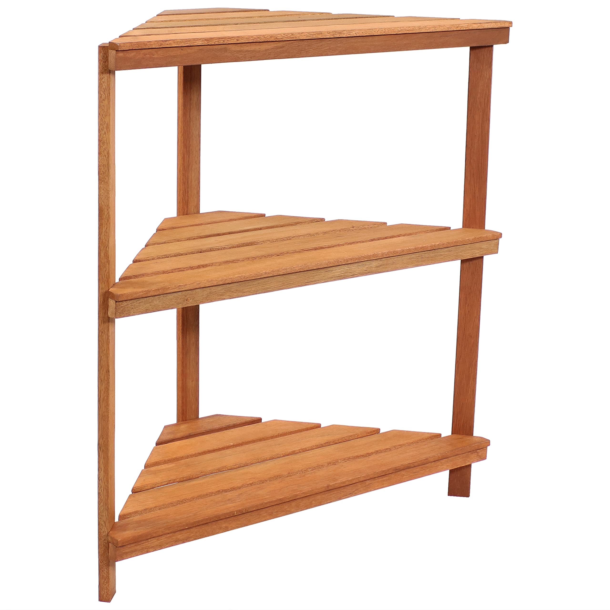 Premium Sunnydaze Meranti Wood 3-Tier Corner Plant Stand with Teak Oil Finish - Indoor/Outdoor Wooden Shelves for Potted Plants - 36-Inch Tall Planter Display for Patio, Garden, Living Room & Balcony Decor