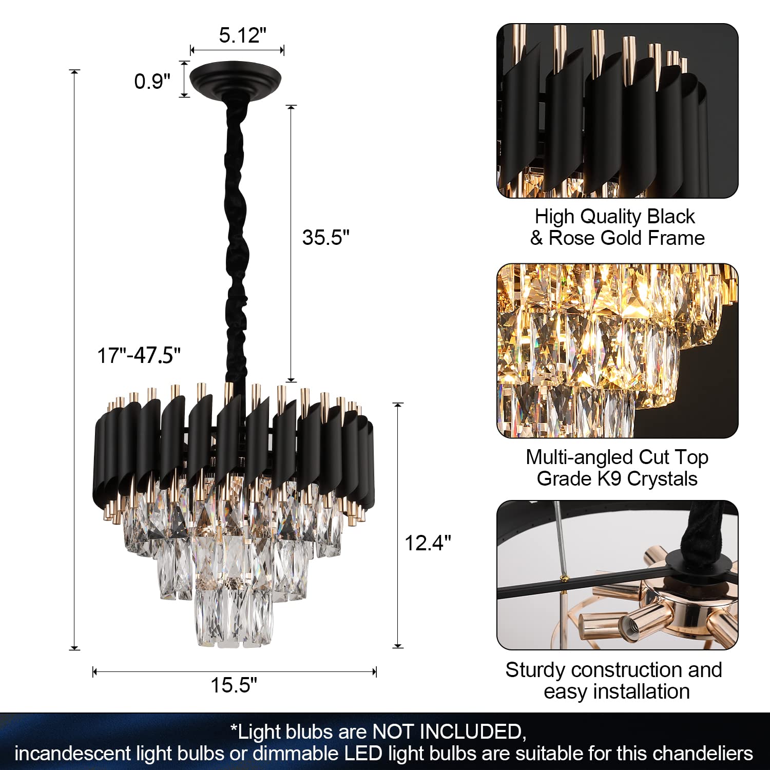 Modern Crystal Chandeliers 3-Tier Black and Gold Pendant Light Fixtures - 16
