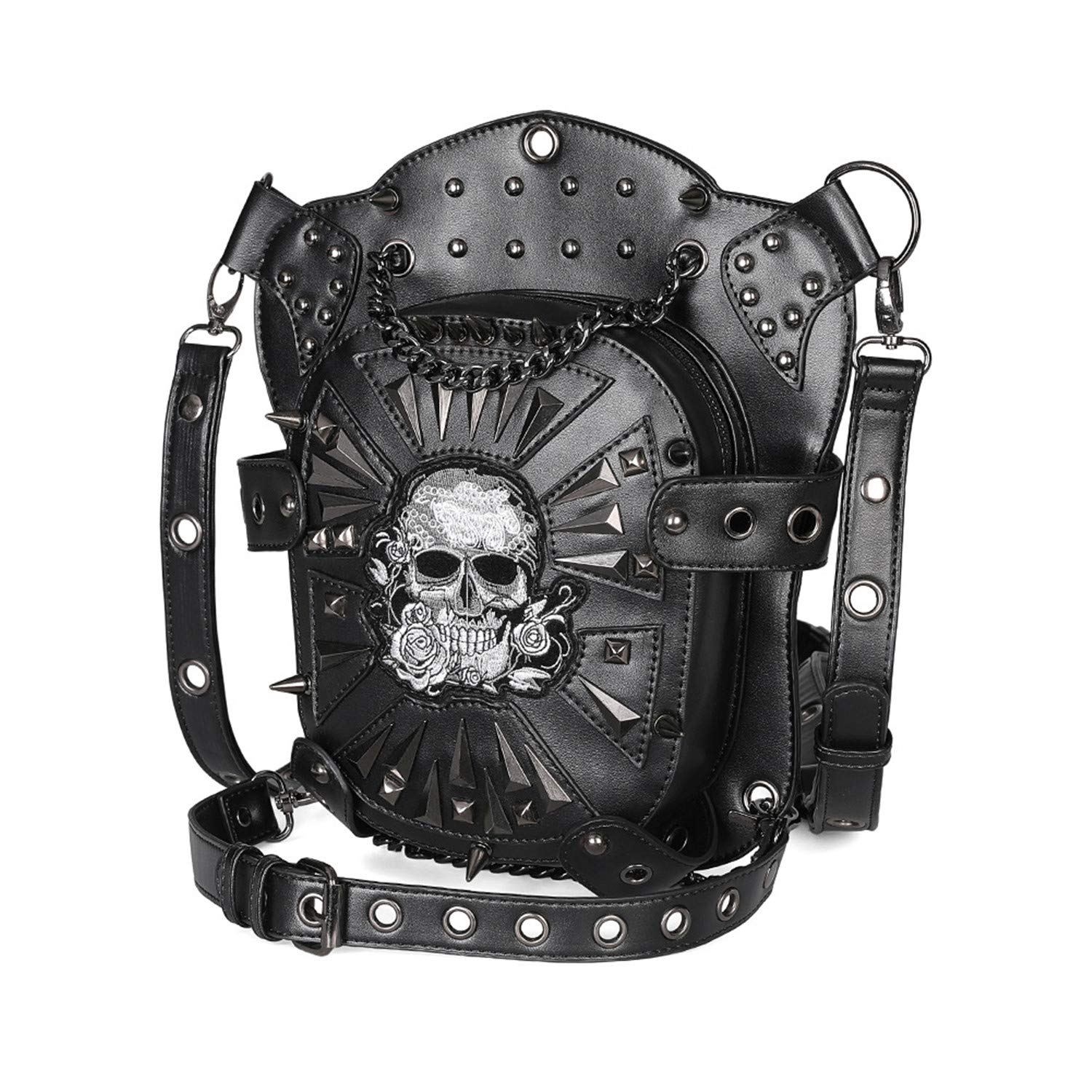 Gothic Steampunk Rose Skull Waist Bag - Leather Fanny Pack Crossbody Purse for Travel & Festival - Unisex Side Wallet Leg Bag & Shoulder Messenger Bag - Perfect for Cosplay, Rave, Halloween & Everyday Use