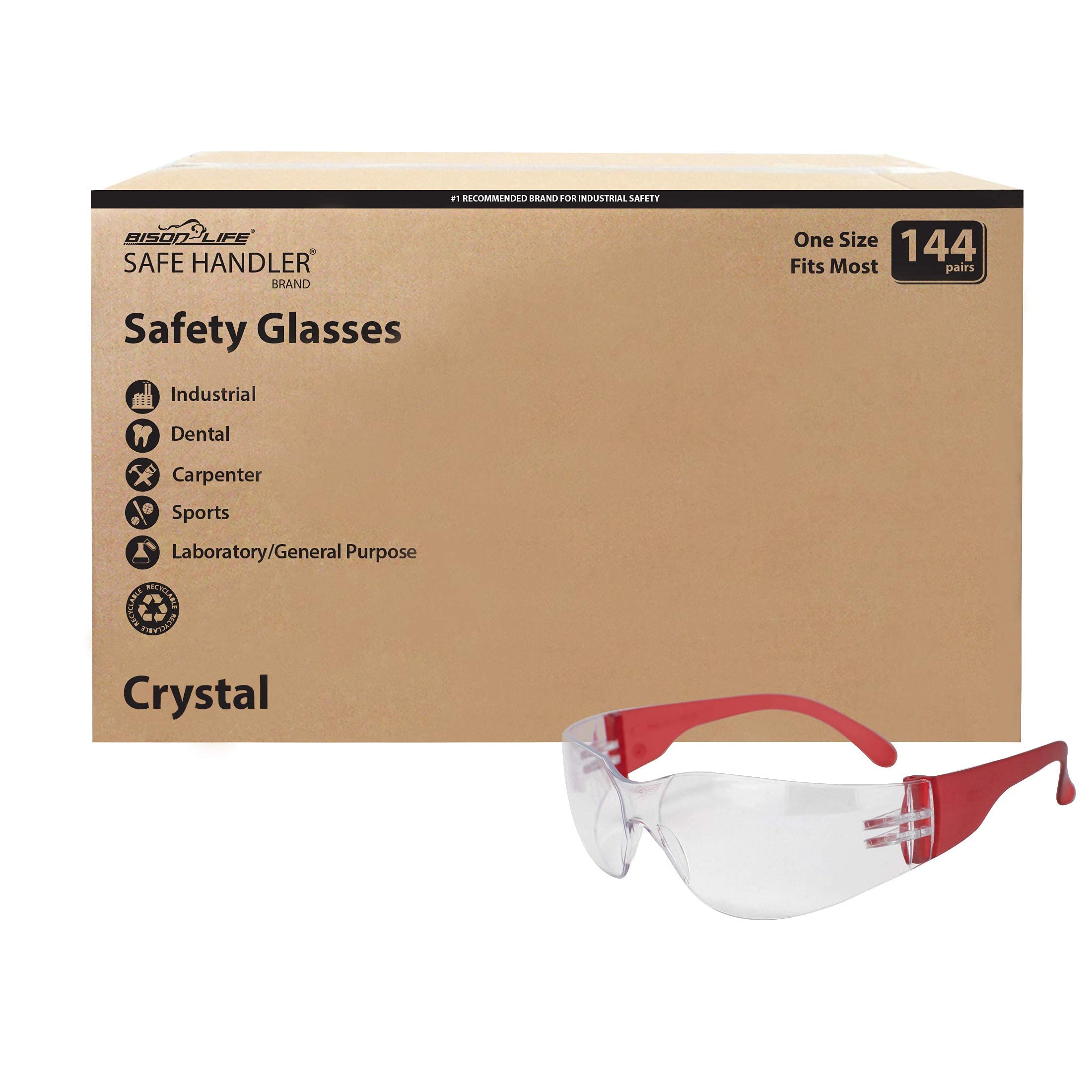 BISON LIFE Clear Polycarbonate Safety Glasses - Impact & Ballistic Resistant Protective Eyewear (Case of 12 Boxes, 144 Pairs) - Ideal for Construction, Shooting Range & Industrial Work Safety